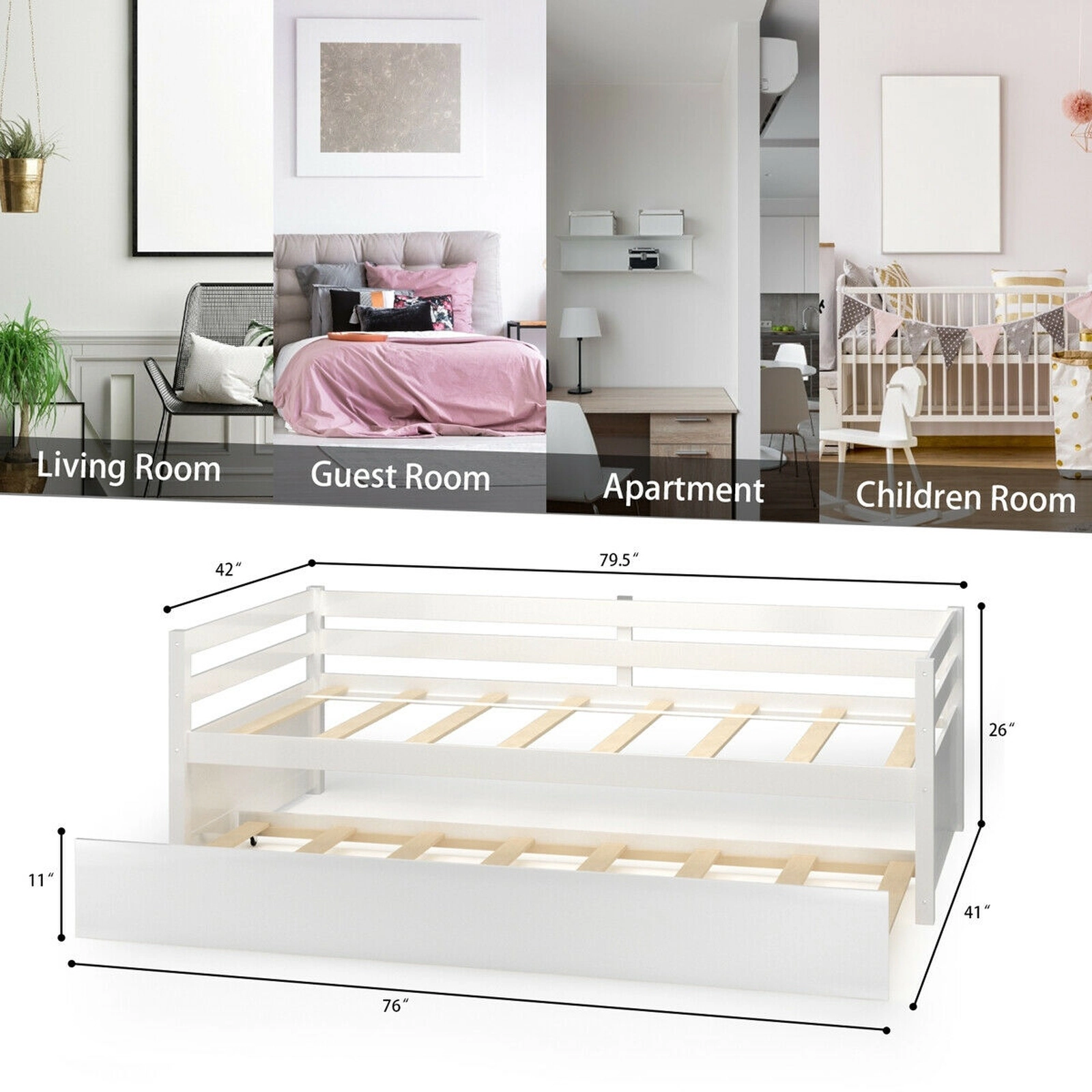 SUGIFT Twin Wood Daybed with Roll-Out Trundle, White Slatted Platform Frame