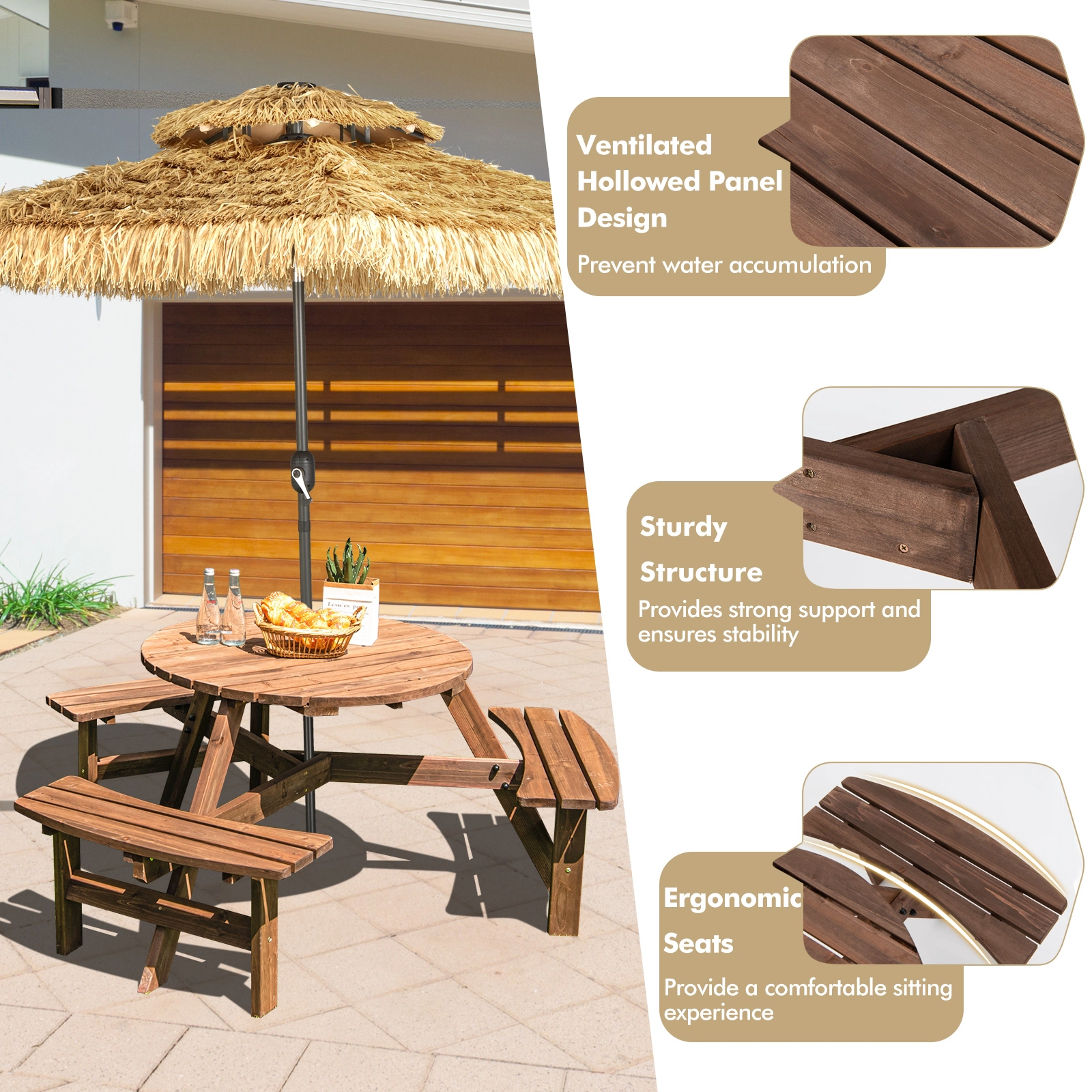 SUGIFT 6-Person Fir Wood Picnic Table Set with Benches and Umbrella Hole 500-Lb Capacity Dark Brown