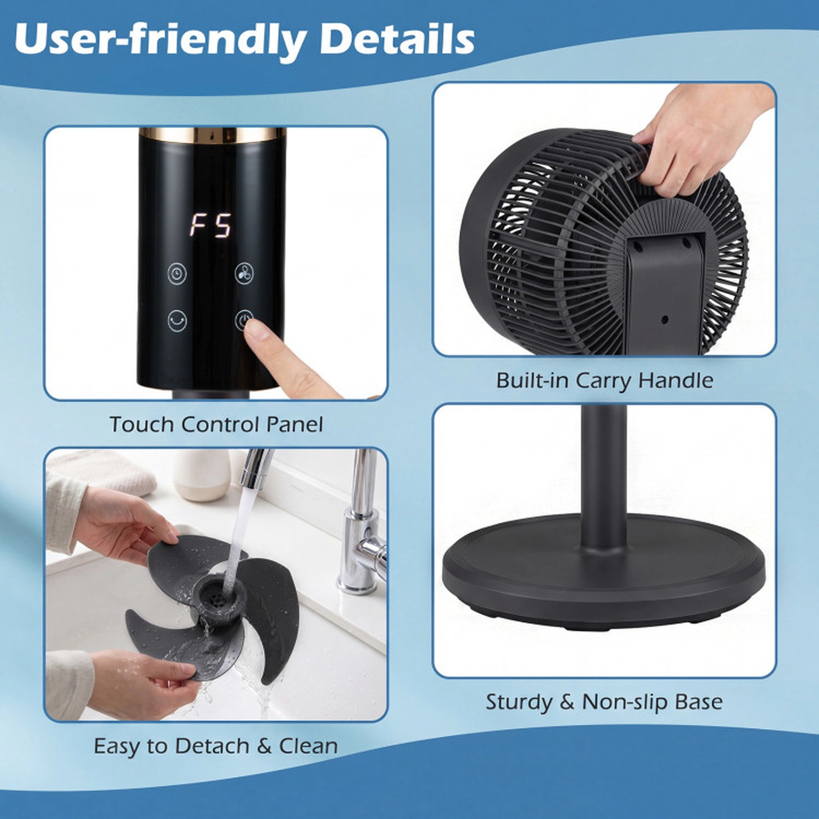 SUGIFT Compact Oscillating Pedestal Fan with 70° Swing and 90° Tilt 6.5-in Blade 900 CFM 8-Speed Remote Control Black