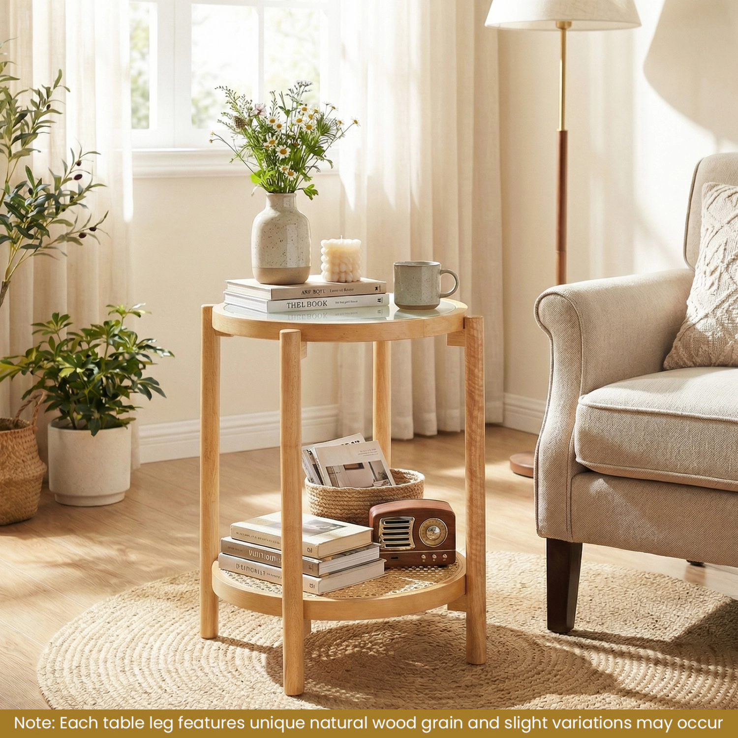 LJG Round Side Table 2-Tier Boho End with Tempered Glass Top