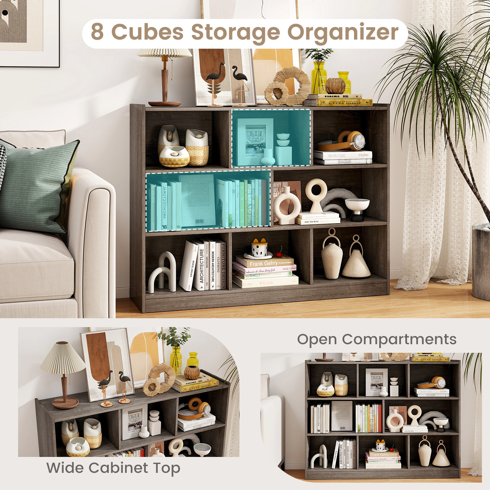 SUGIFT 3-Tier 8-Cube Open Bookcase Storage Shelves Display Cabinet 132-lb Top 44-lb Cube Capacity 48-in Wide