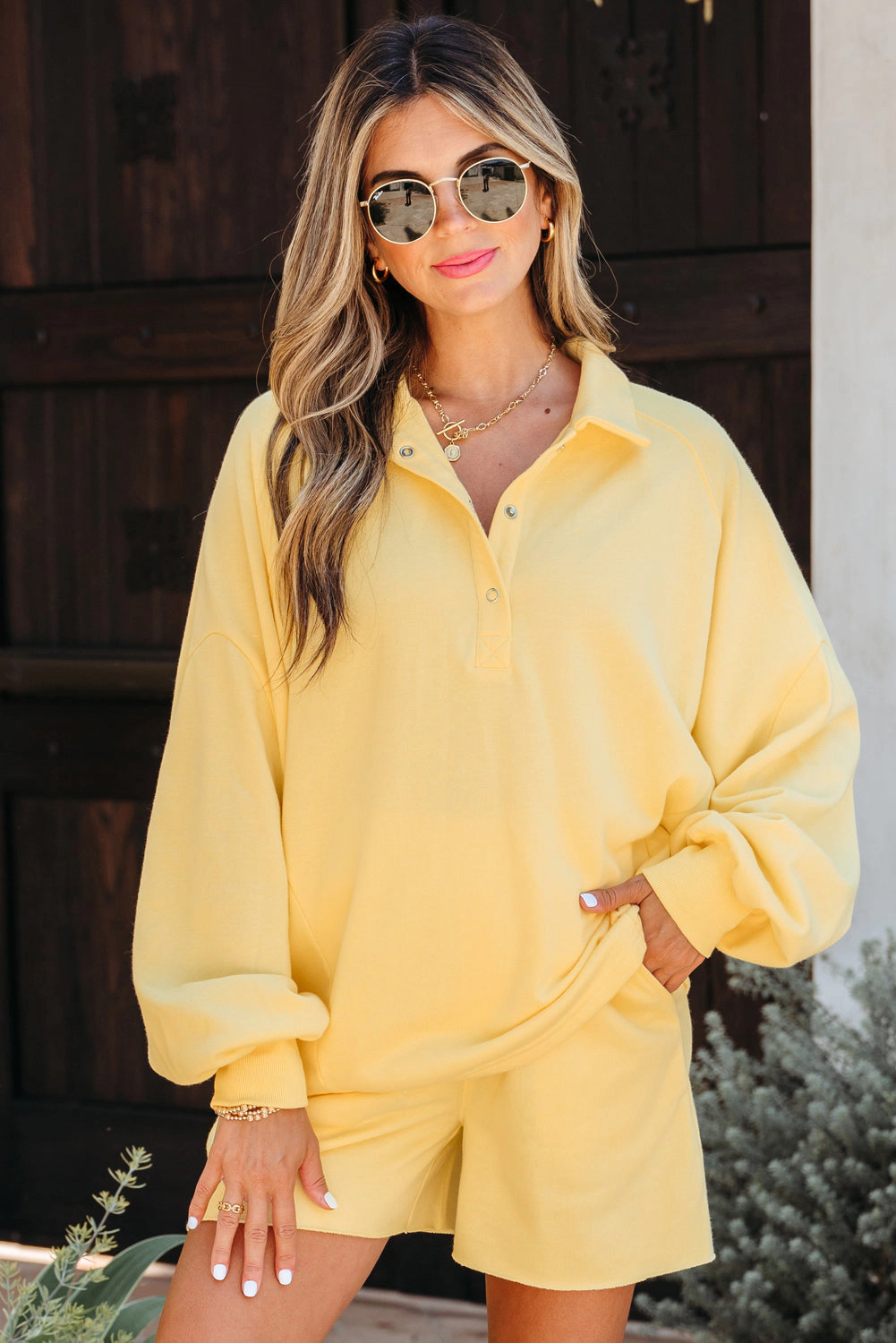 Threaded Pear Women's Kylie Button Collar Drop Shoulder Pullover and Shorts 2pcs Outfit