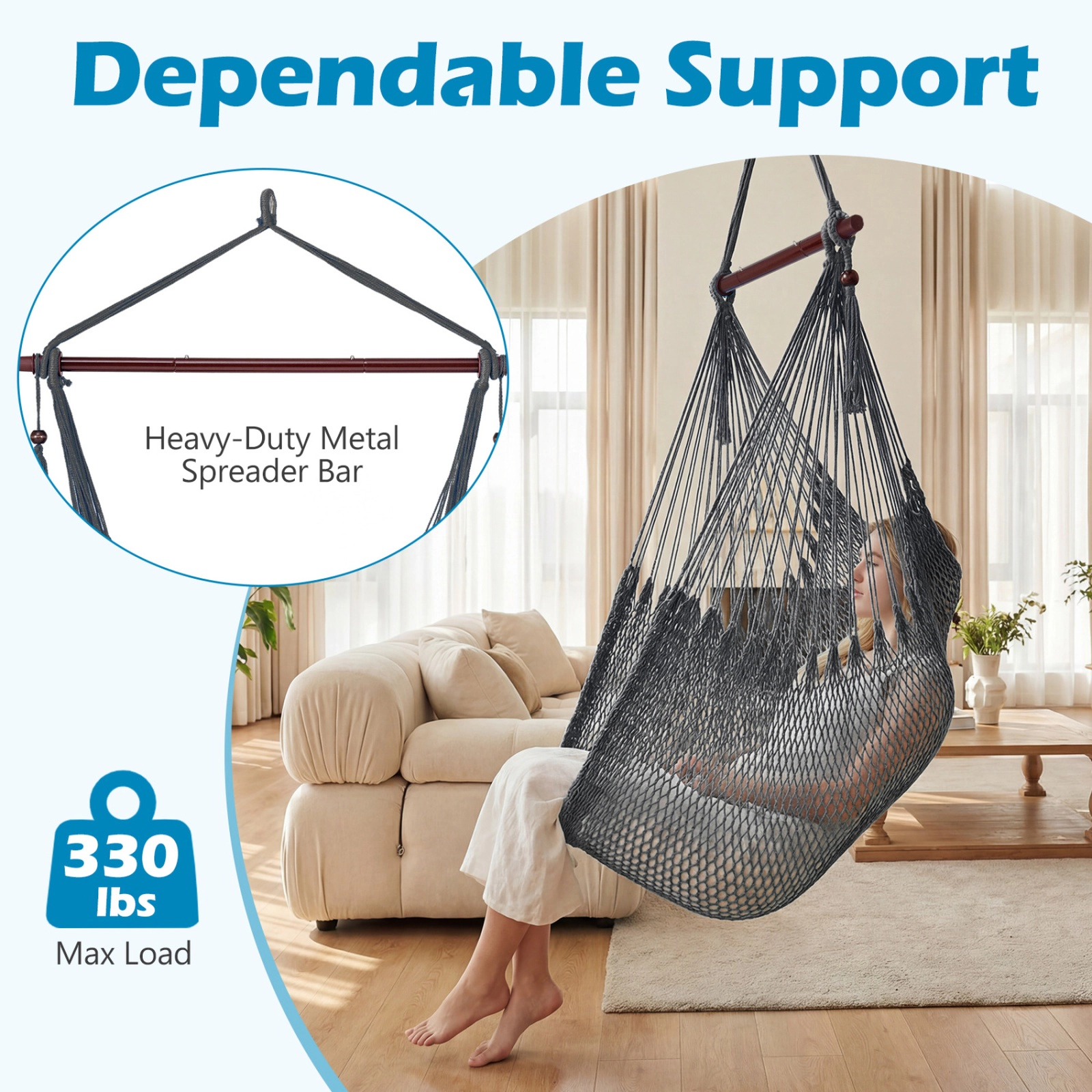 SUGIFT Caribbean Hammock Chair Gray with Metal Spreader Bar and Woven Rope Seat