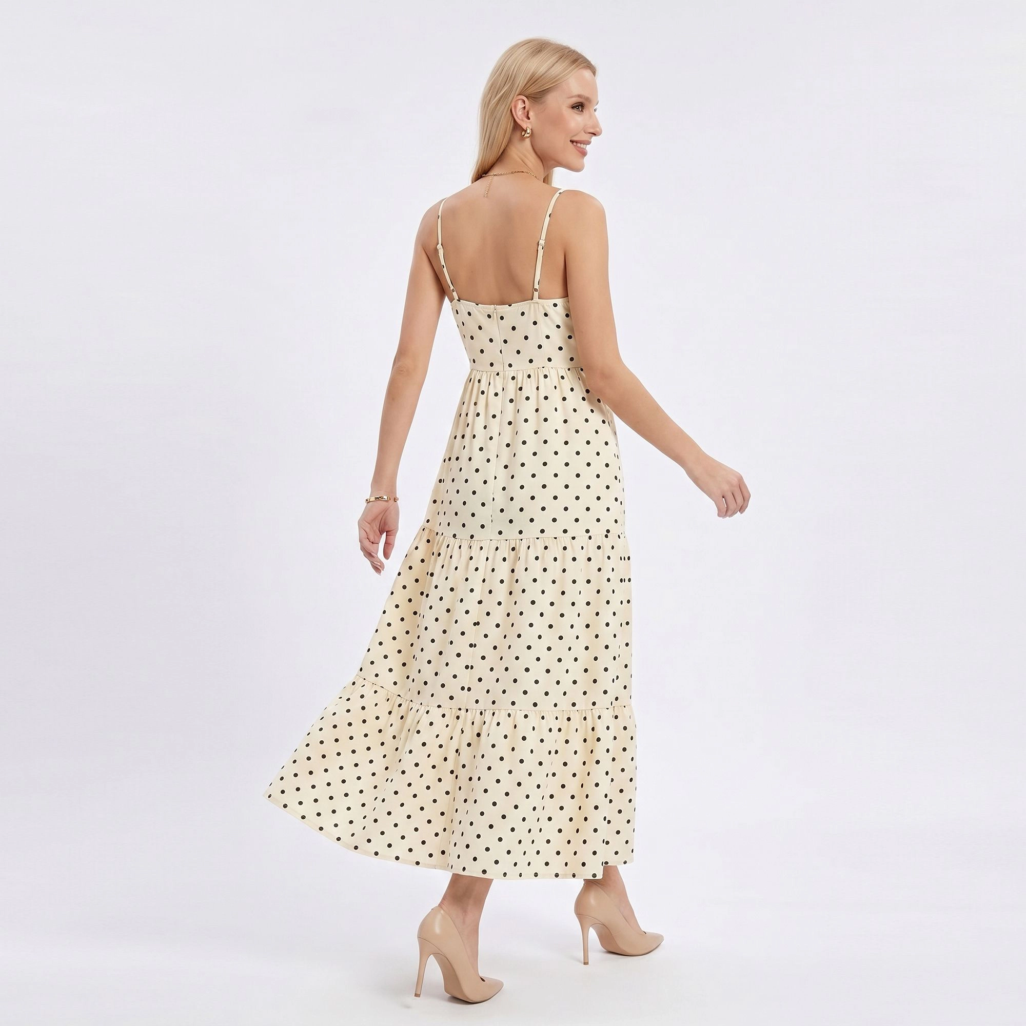 Anna-Kaci Women's Polka Dot Maxi Dress with Tie Front Cutout and Tiered Skirt