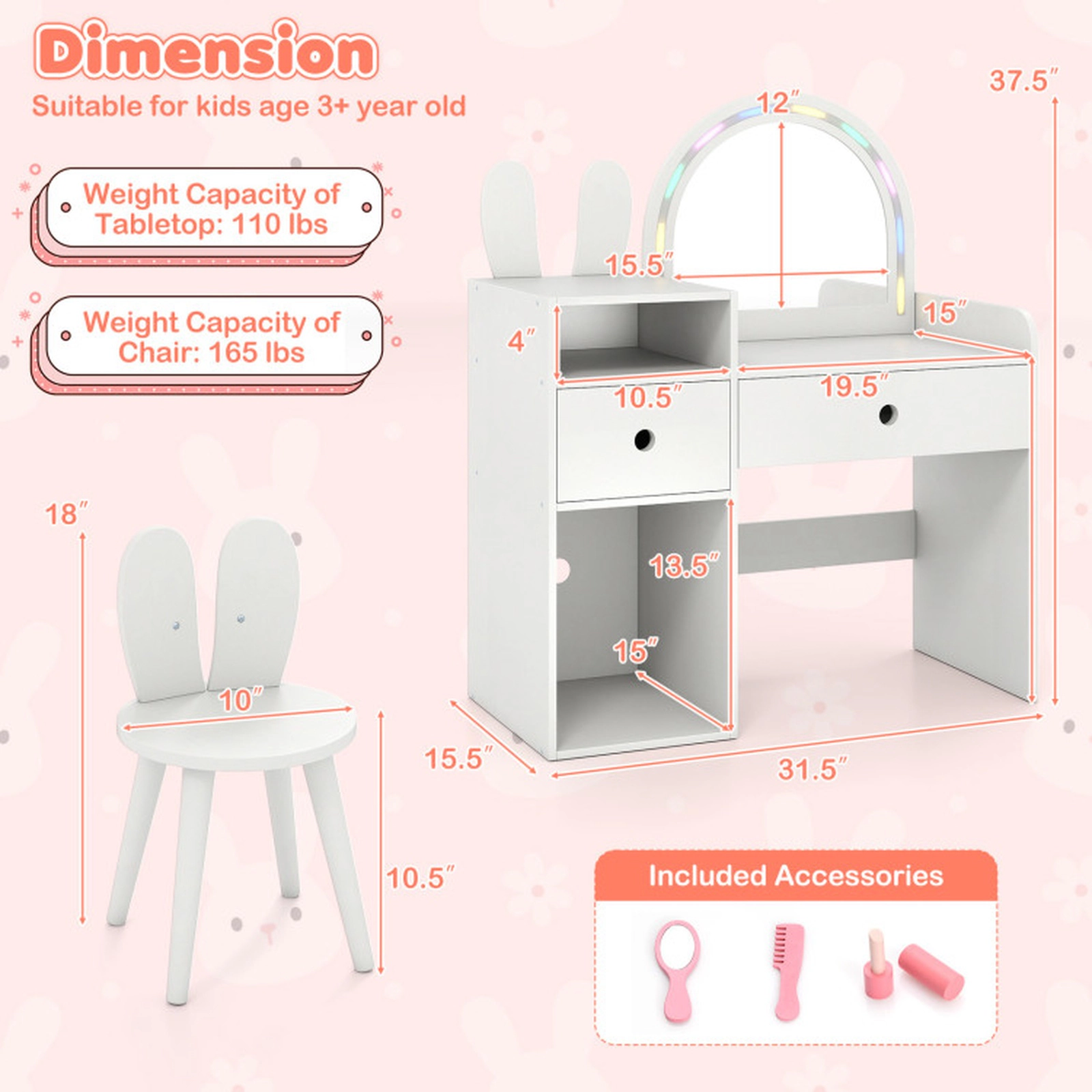 SUGIFT Kids Vanity Table and Stool Set with Lighted Mirror and Open Shelves in White