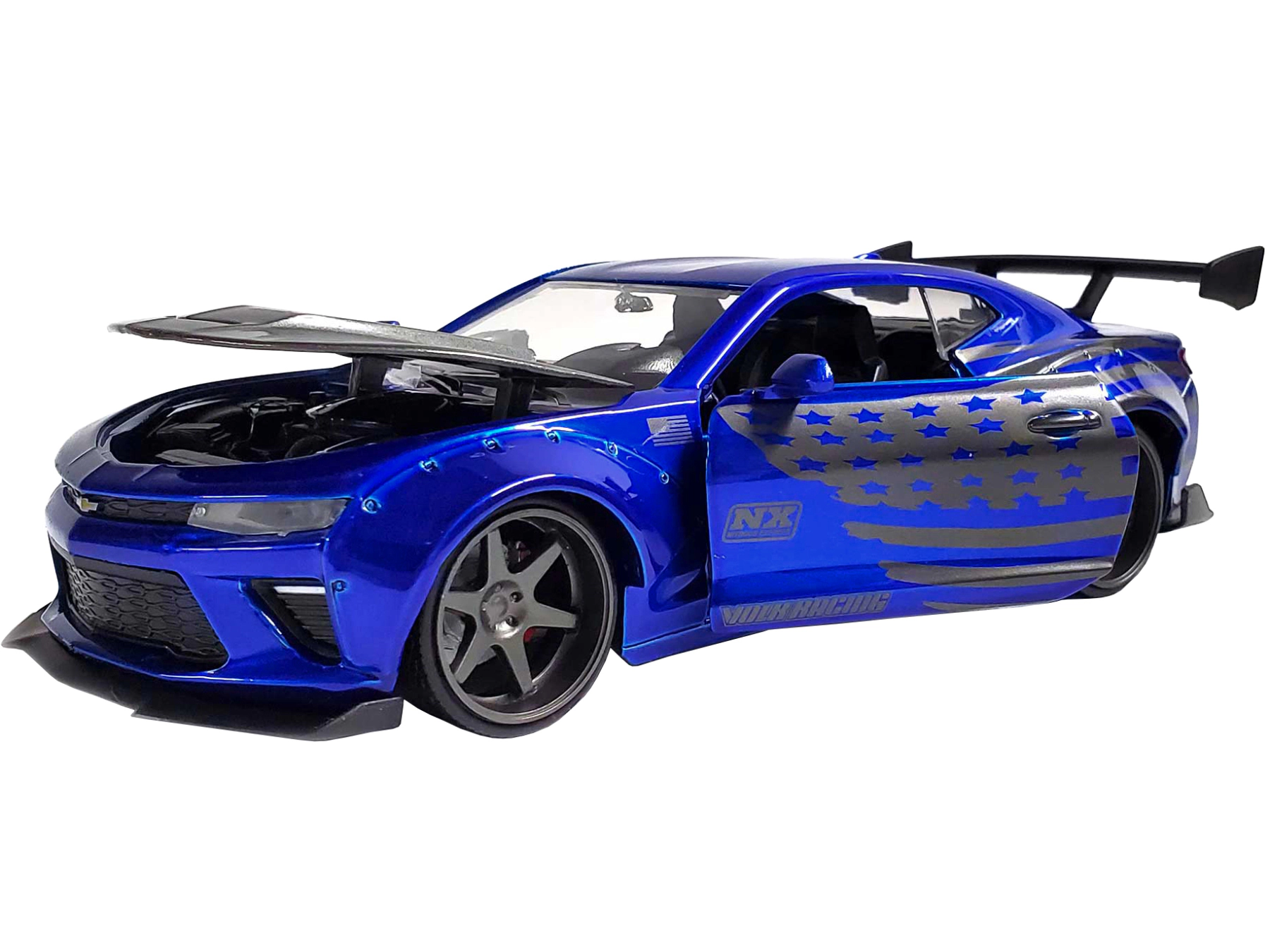 Jada 2016 Chevrolet Camaro Widebody Candy Blue with Gray Metallic Hood and American Flag Graphics "Bigtime
