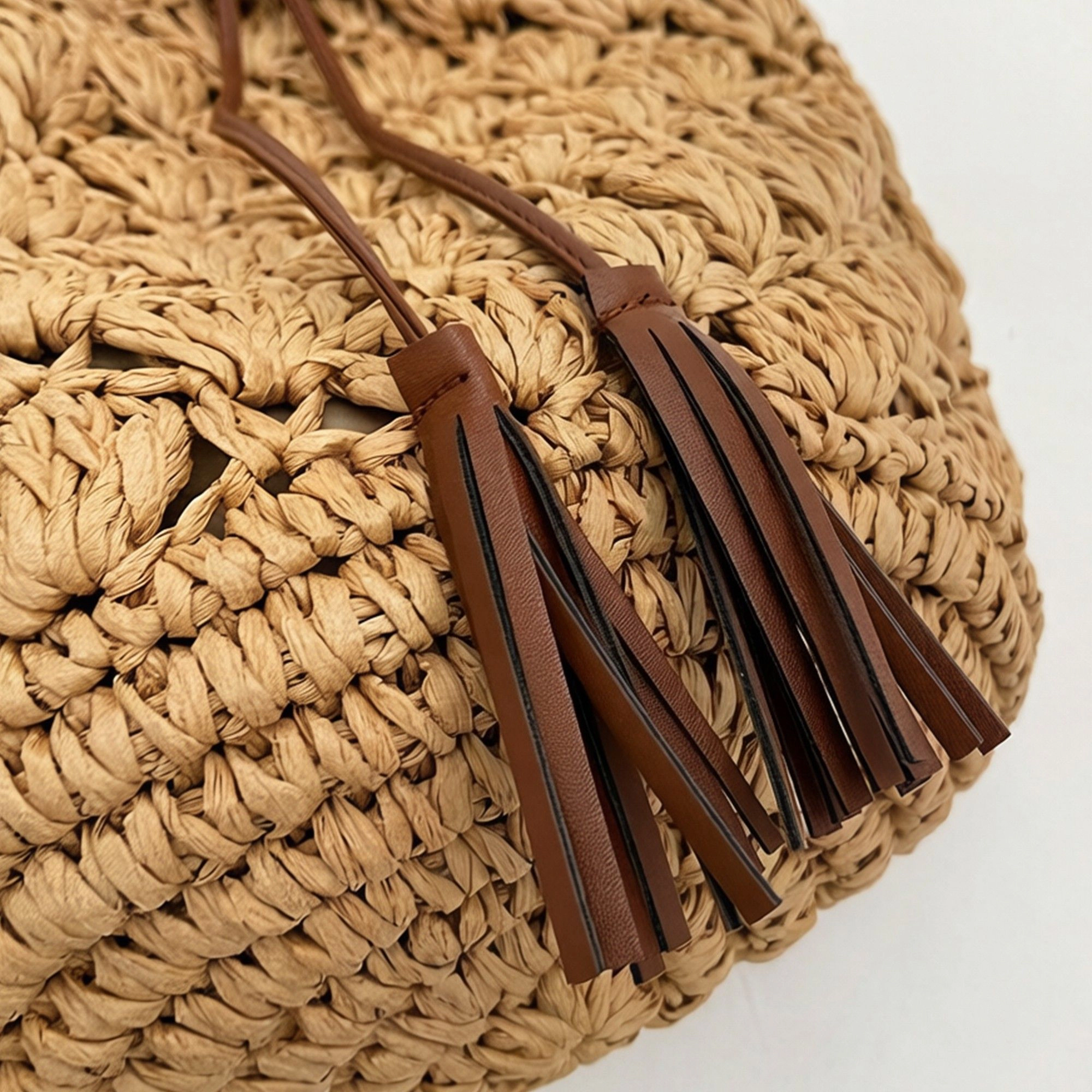 Alilang Women's Woven Bucket Shoulder Bag with Drawstring Closure Faux Leather Strap Tassel Detail Lightweight Handbag