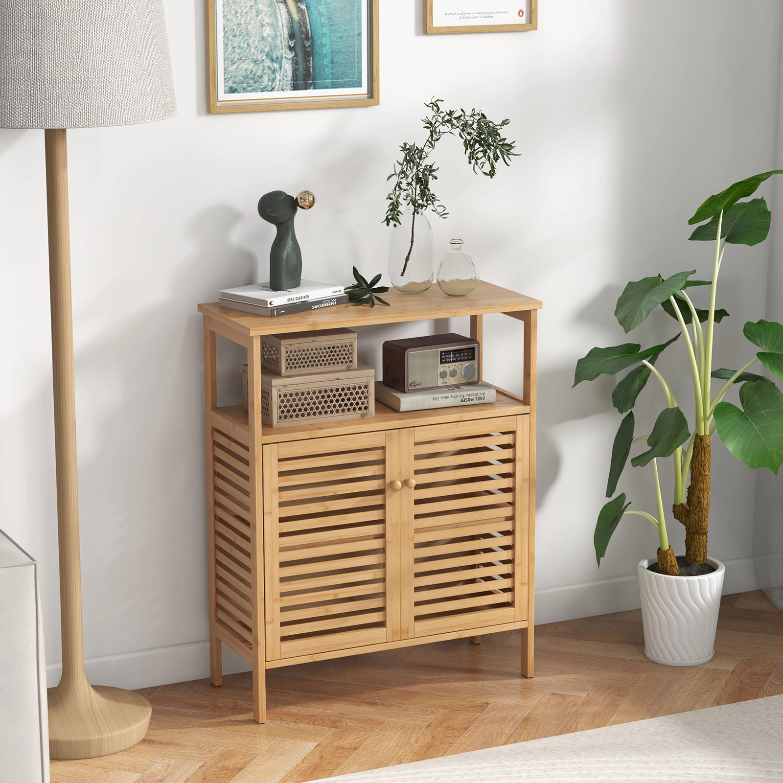 Slickblue Bathroom Storage Cabinet Wicker MDF Open Shelves 2-Door Entryway Laundry