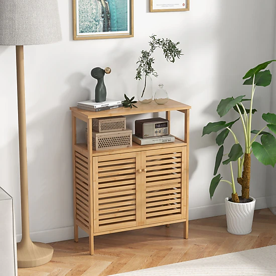 Glintex Bamboo Bathroom Cabinet with Shutter Doors and 145-Lb Total Capacity, Natural