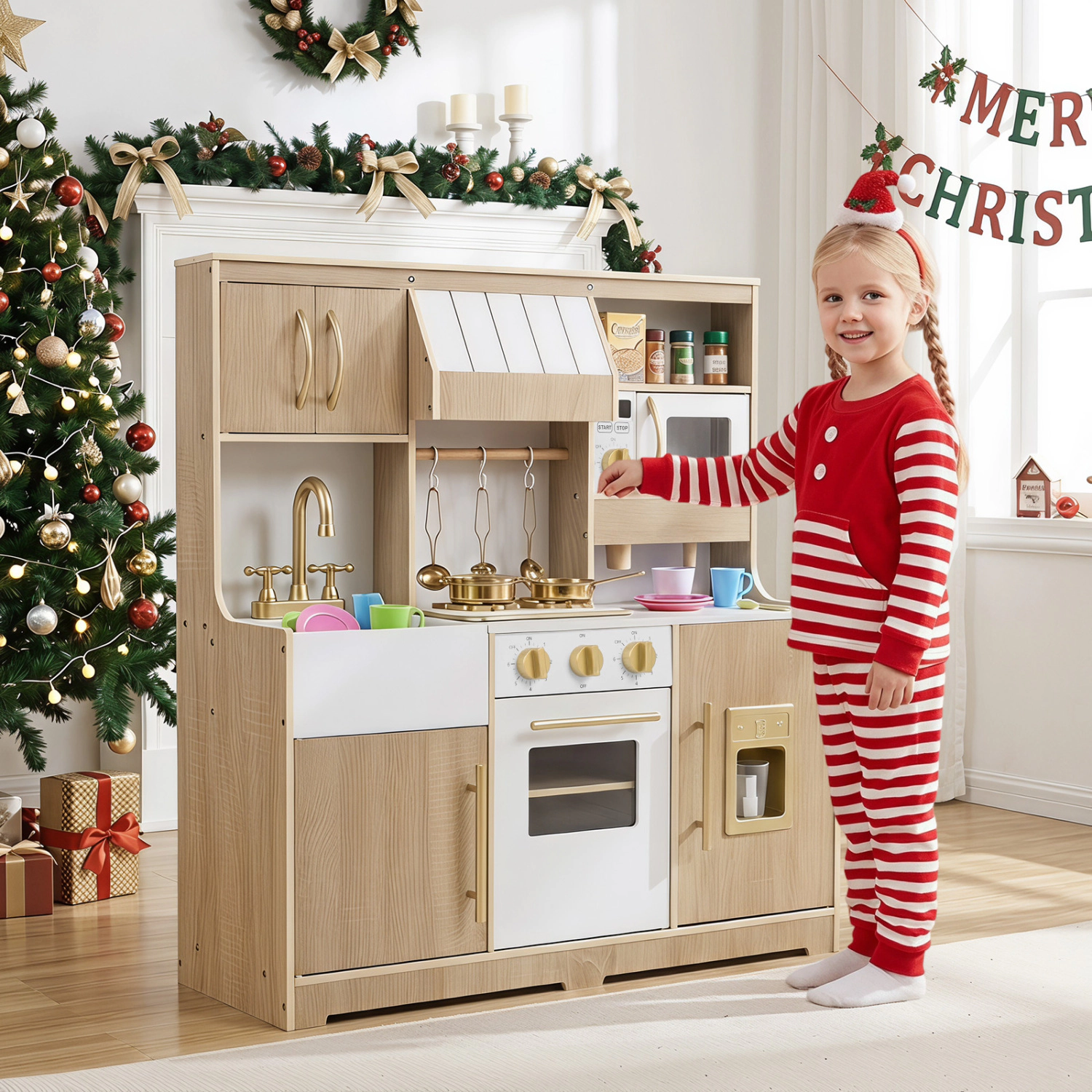 LJG Wooden Play Kitchen with Lights & Sounds and Ice Maker Stove Sink for Toddlers