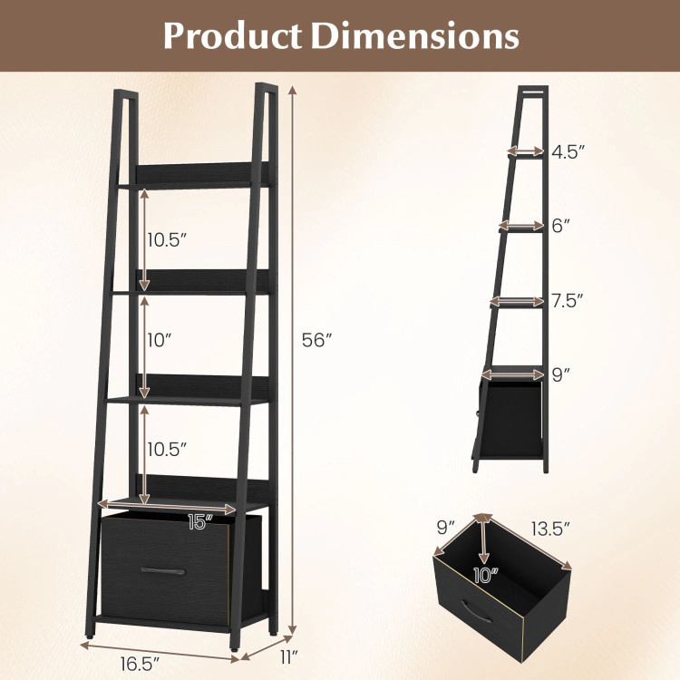 Hivvago 5-Tier Ladder Bookshelf with Fabric Drawer for Living Room and Home Office