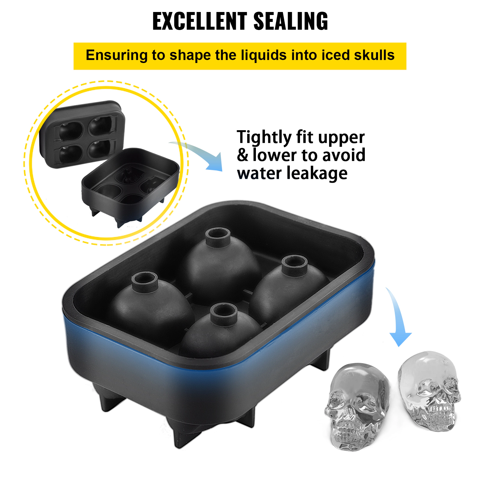 HONGGE Skull Ice Cube Tray, Skull Ice Ball Maker, Flexible Black Silicone Ice Tray with Lid & Funnel