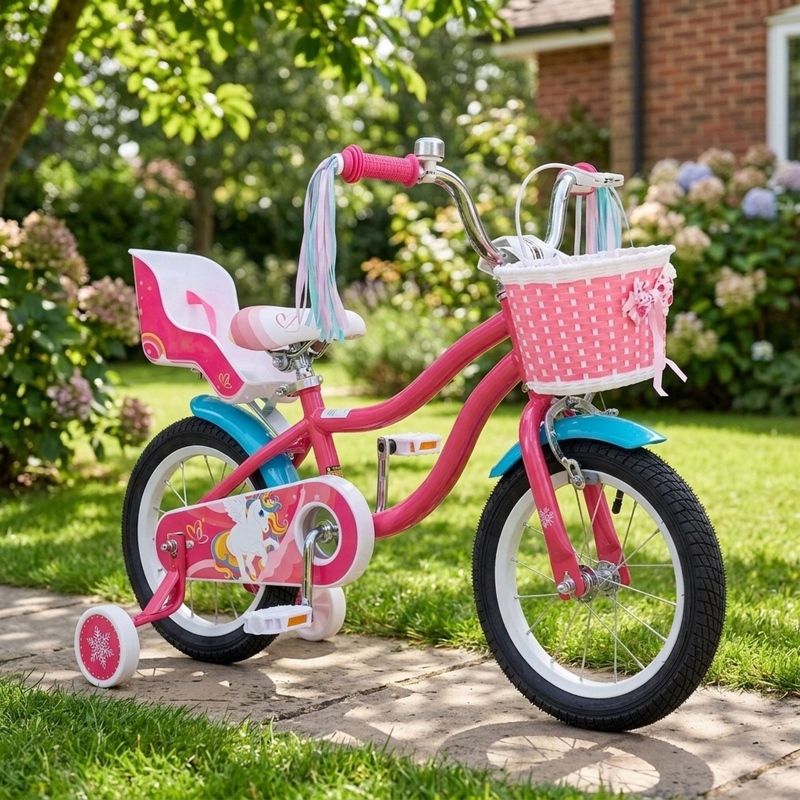 14-in Girls Bike Doll Seat Basket and Removable Training Wheels for Kids Ages 3-5 Adjustable Saddle and Handlebar Pink