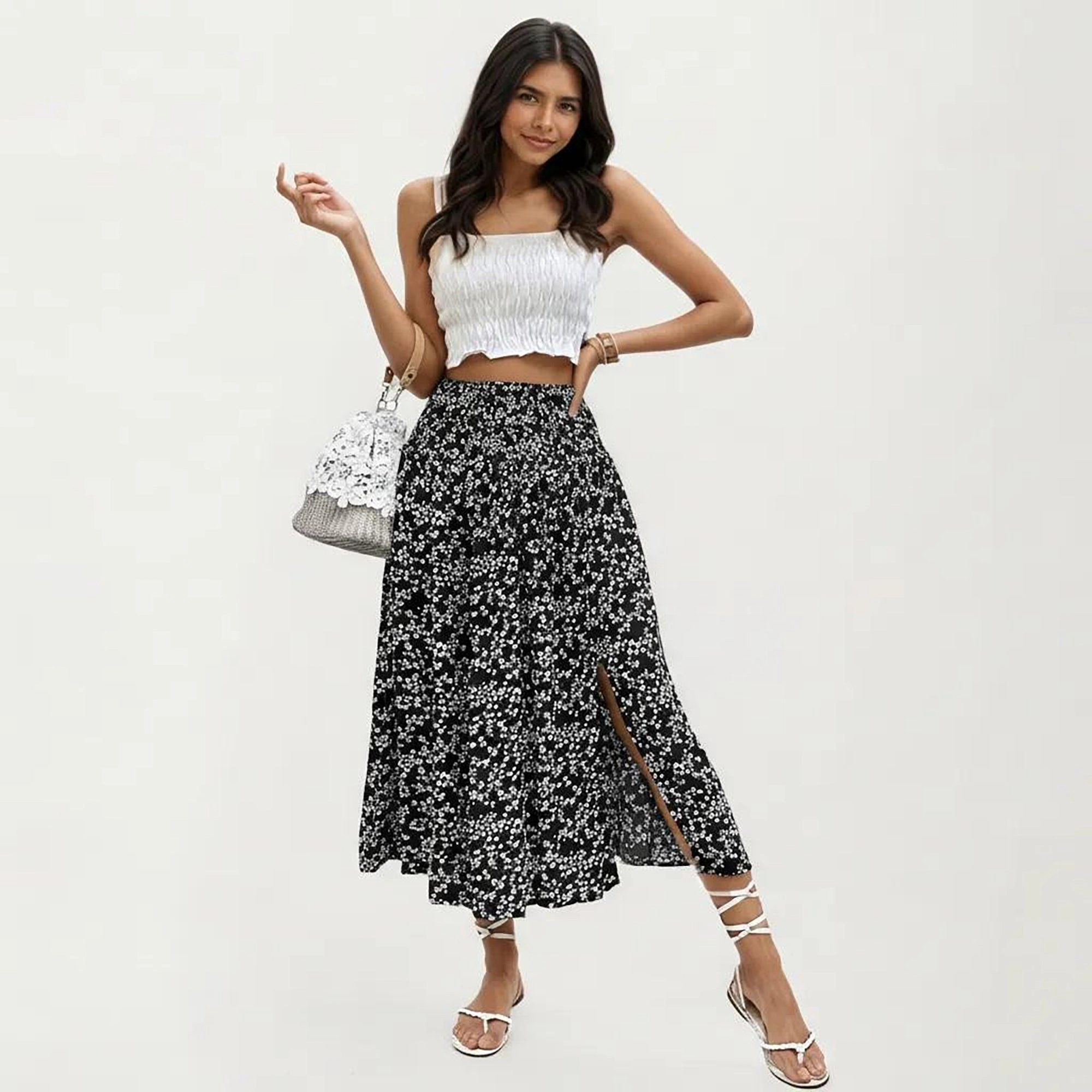 Anna-Kaci Womens High-Waist Ditsy Floral Midi Skirt with Side Slit
