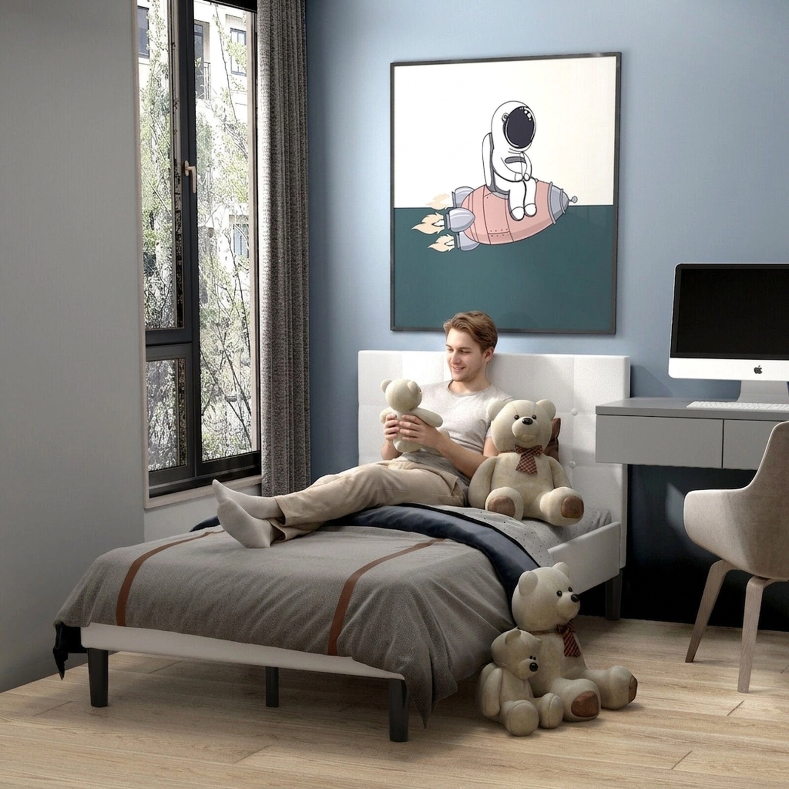 SUGIFT Twin Upholstered Platform Bed, Button-Tufted Headboard, Padded Side Rails, Beige Fabric, 11 Support Legs