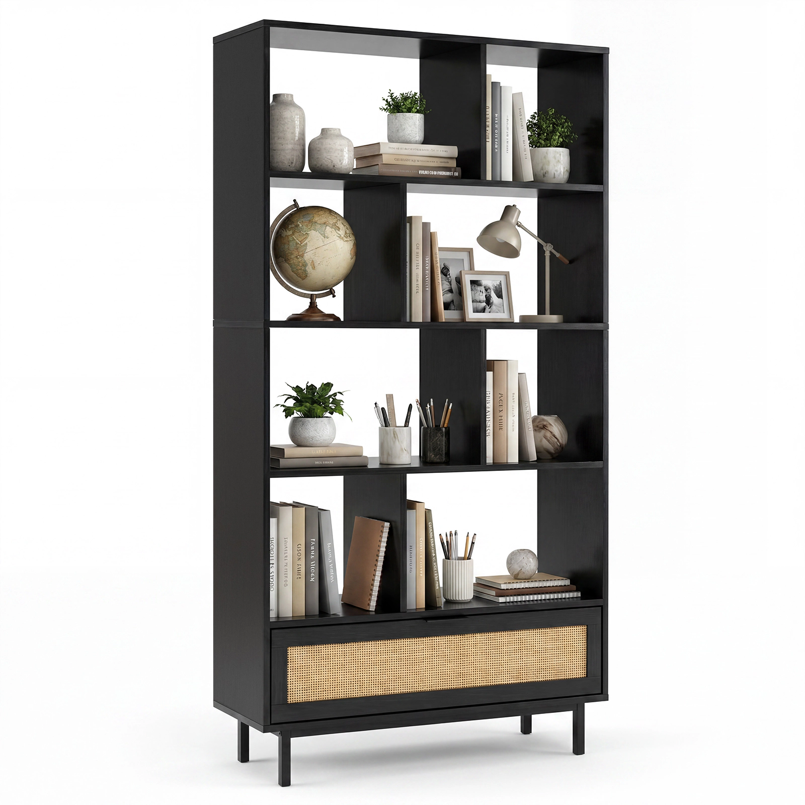 Costway Wooden Bookcase,6-Tier Bookshelf with 8 Open Cubes, Rattan Drawer & Metal Legs Natural