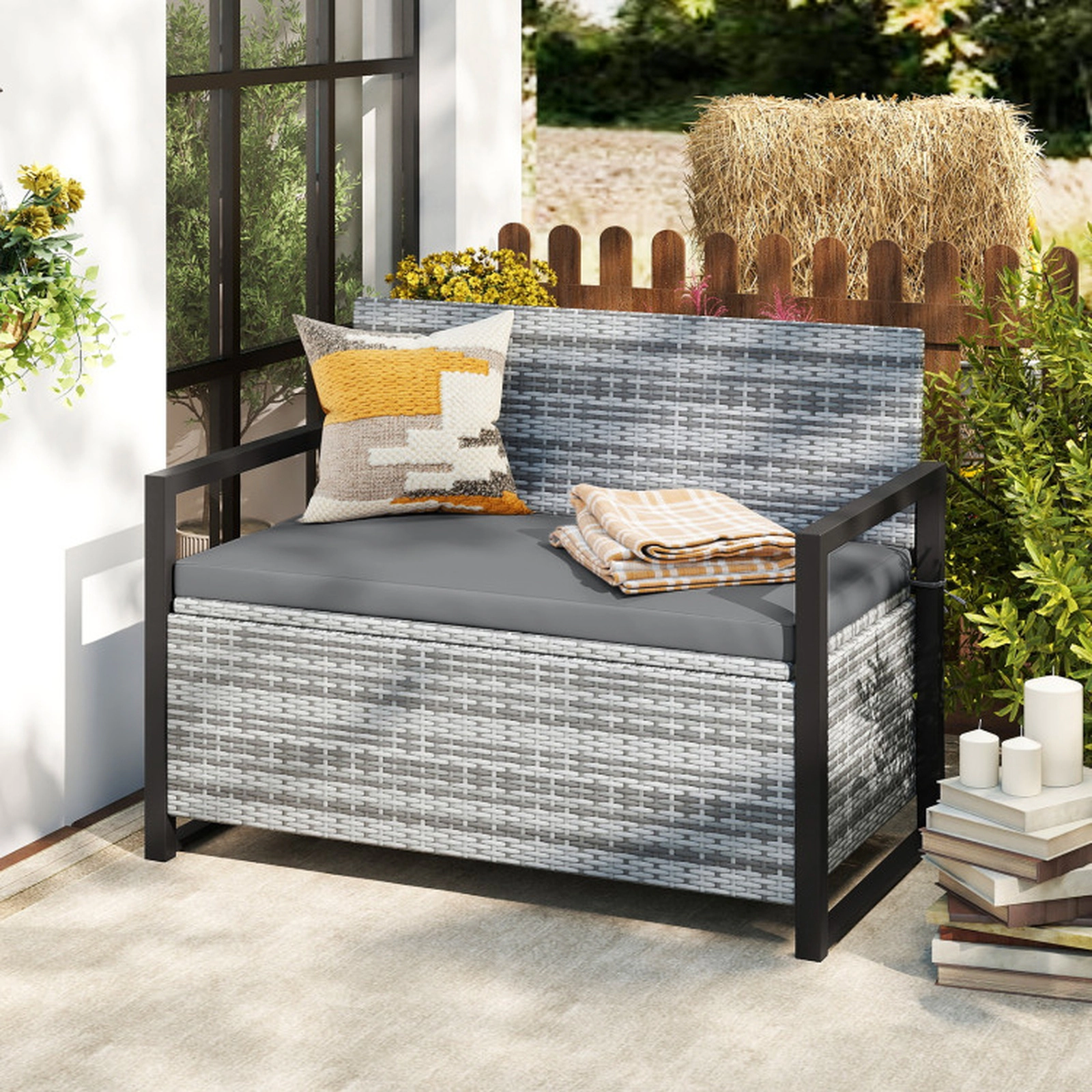 SUGIFT Gray 40-Gallon 800-lb Capacity Wicker Outdoor Storage Bench Loveseat with Cushion and Liner