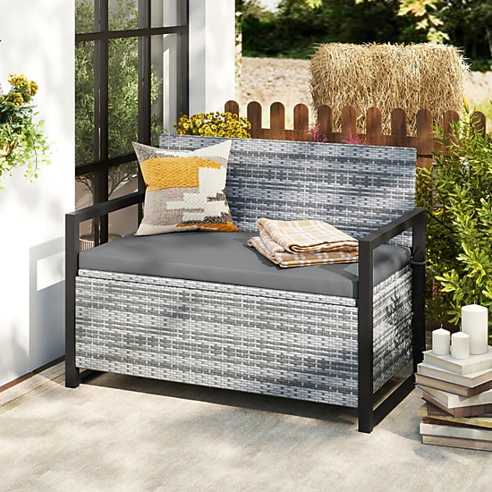 SUGIFT Gray 40-Gallon 800-lb Capacity Wicker Outdoor Storage Bench Loveseat with Cushion and Liner
