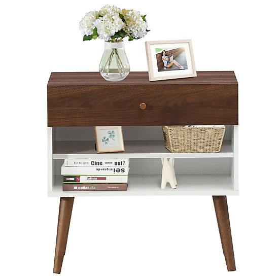 SUGIFT 23.5-in Walnut Mid-Century Nightstand and Sofa Side Table with Drawer, 2 Shelves