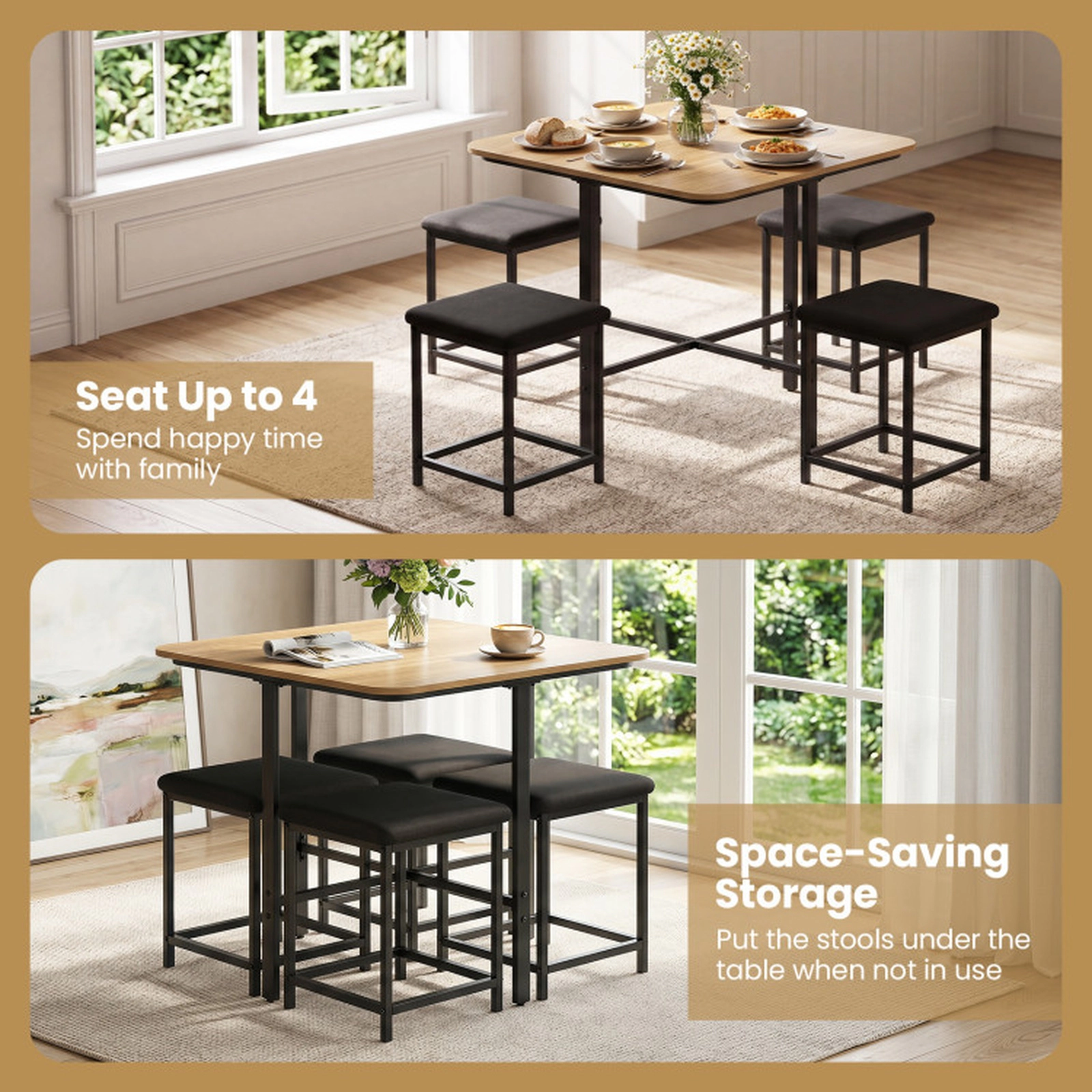 SUGIFT 5-Piece White Dining Table Set, 35.5-in Square Table with 4 Linen Upholstered Stools