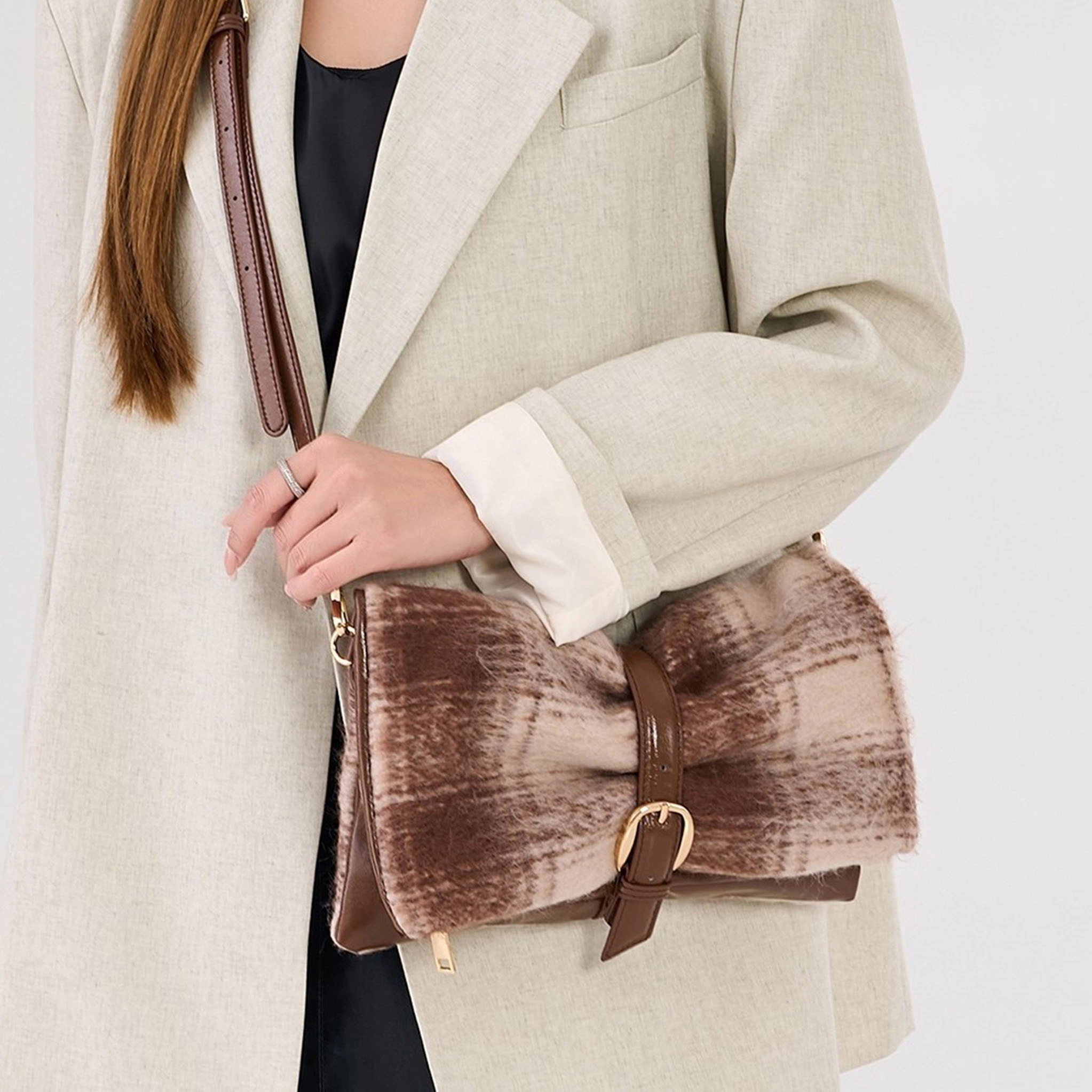Mia K Collection Koumei Shearling-Trim Vegan Leather Bag