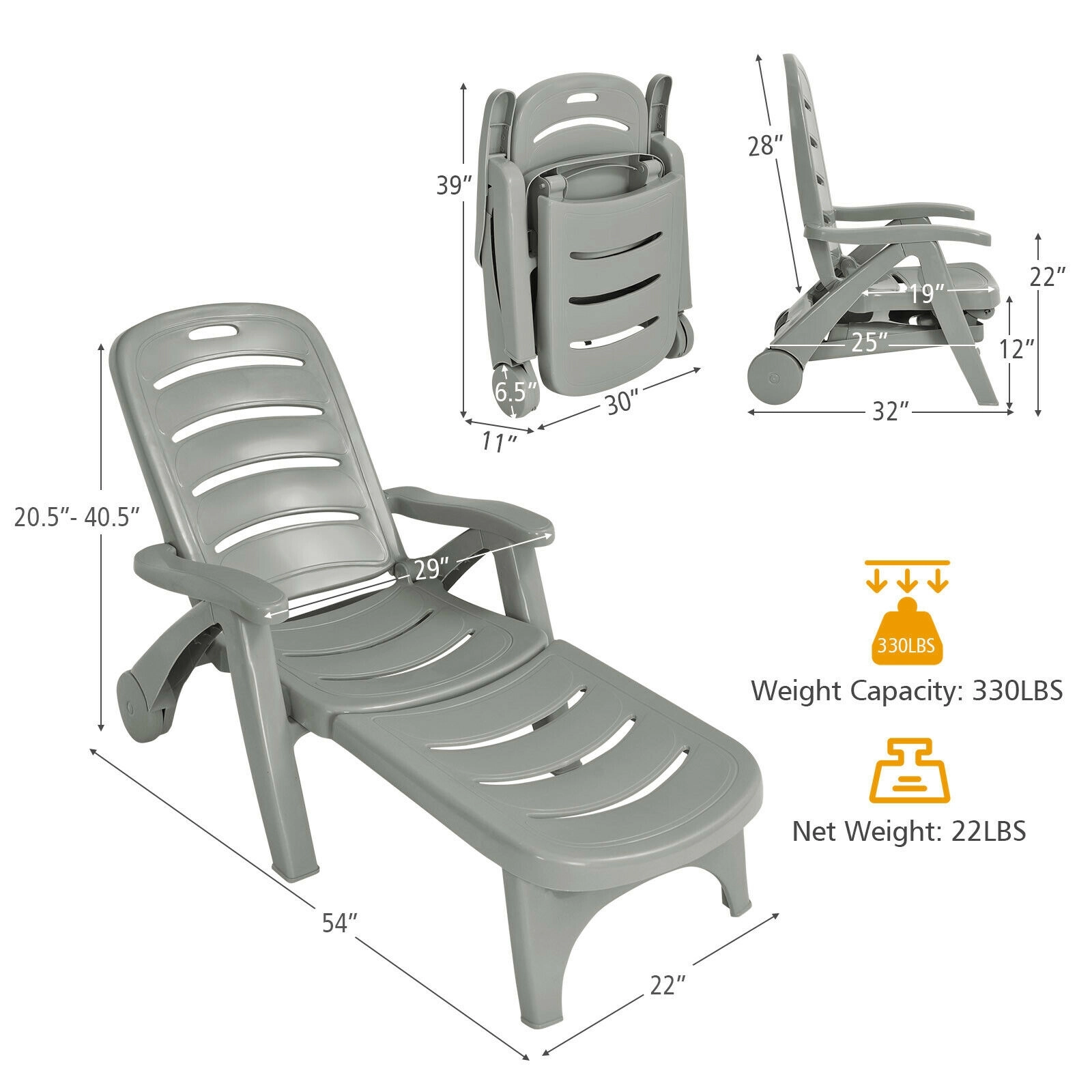 SUGIFT 330-lb Capacity Gray 5-Position Adjustable High Back Folding PP Chaise Lounge Chair with Wheels