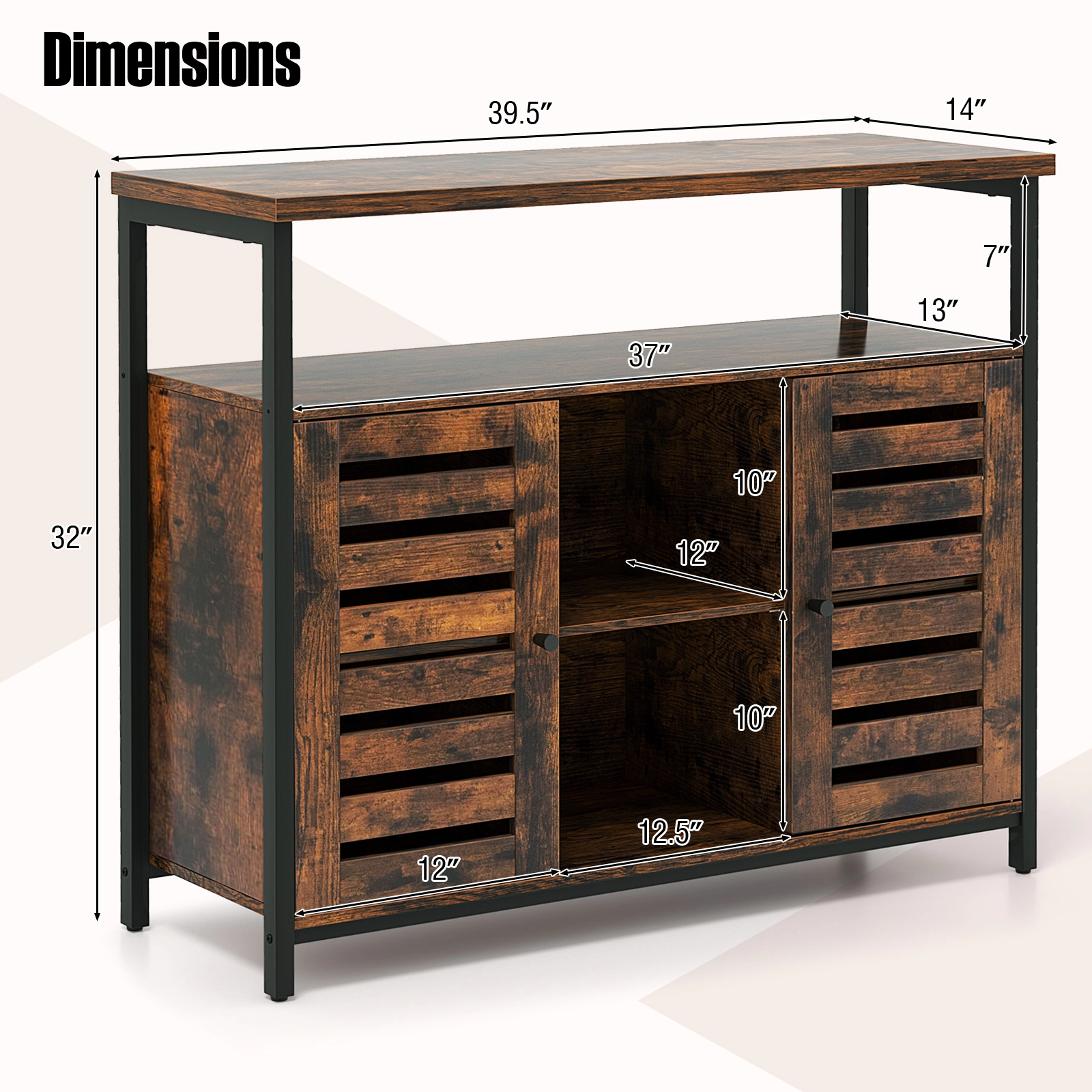 SUGIFT 39.5-in 760-lb Total 200-lb Top Rustic Brown Industrial Buffet Sideboard with Push-to-Open Louvered Door
