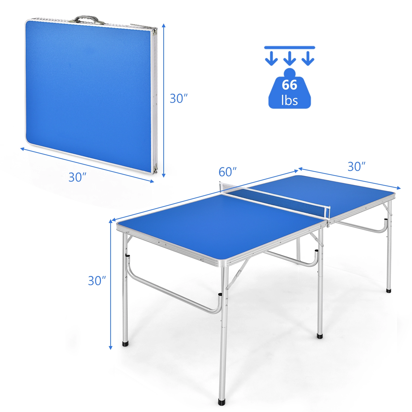 SUGIFT Blue Portable Folding Ping Pong Table with 2 Paddles Net and Built-In Handles 60-in W 30-in D 30-in H