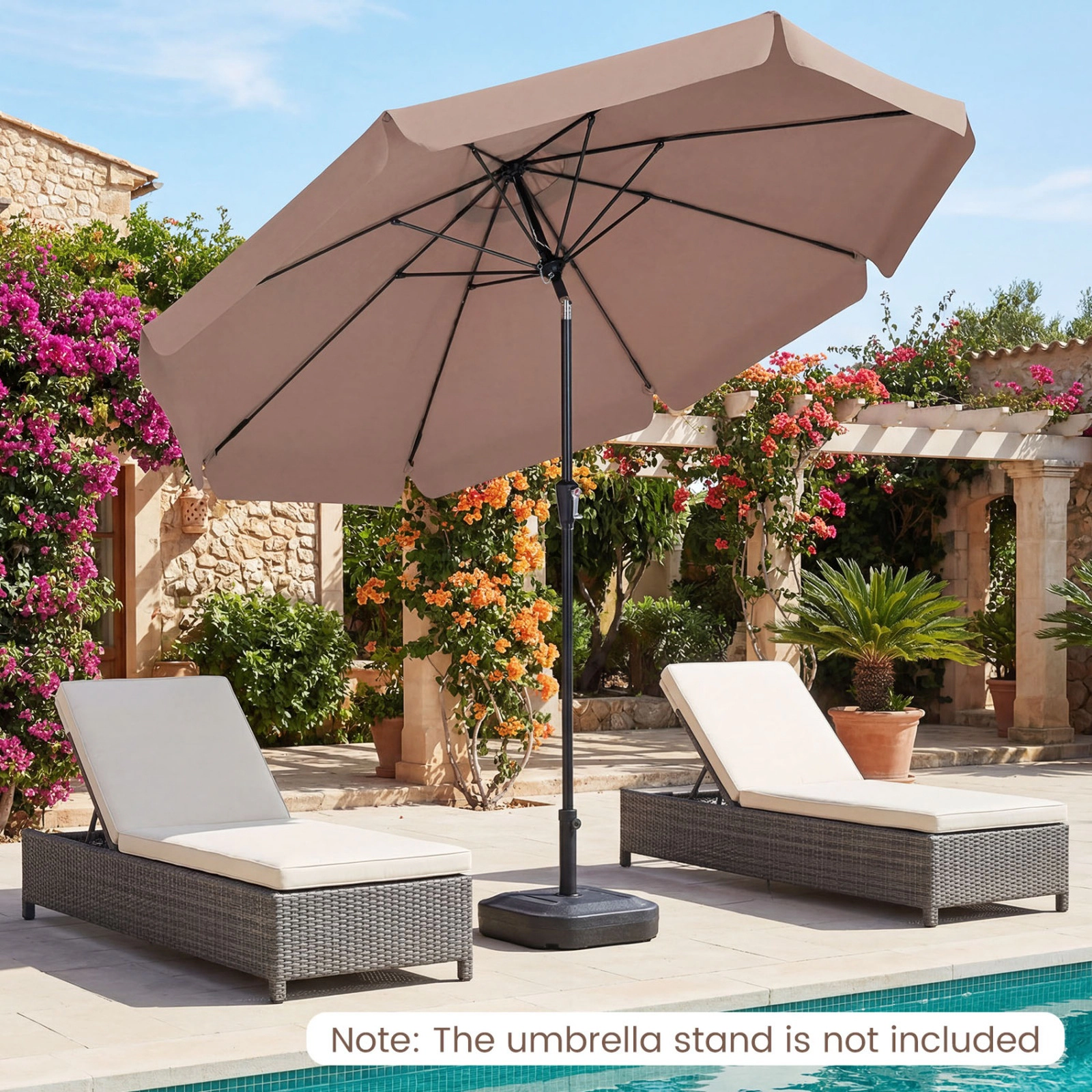 SUGIFT Brown Push Button Tilt Crank Lift and 8 Fiberglass Ribs 10 FT Scalloped Patio Umbrella