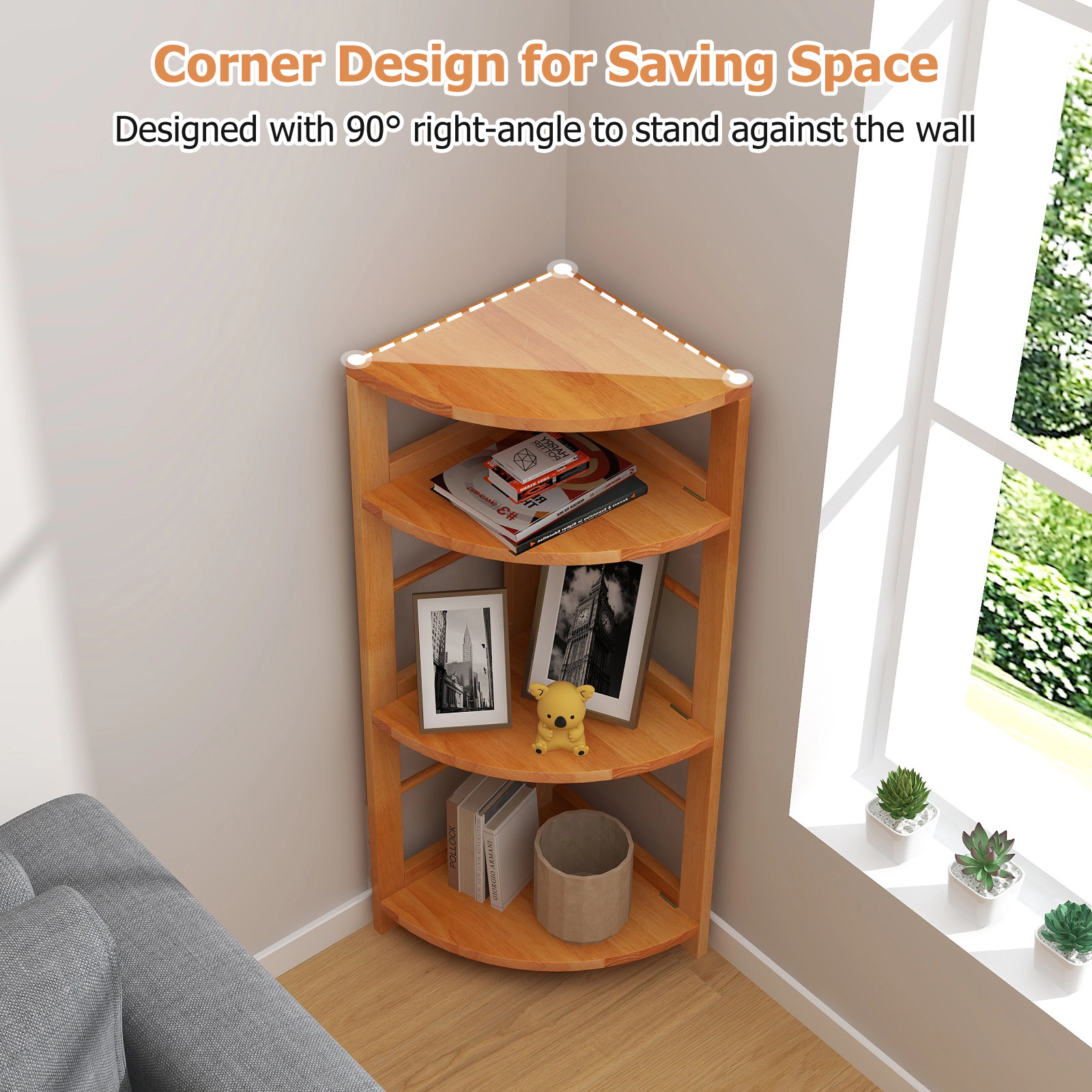SUGIFT 4-Tier Natural 34-in Rubber Wood Corner Bookshelf Plant Stand Display Rack with Anti-Toppling Kit