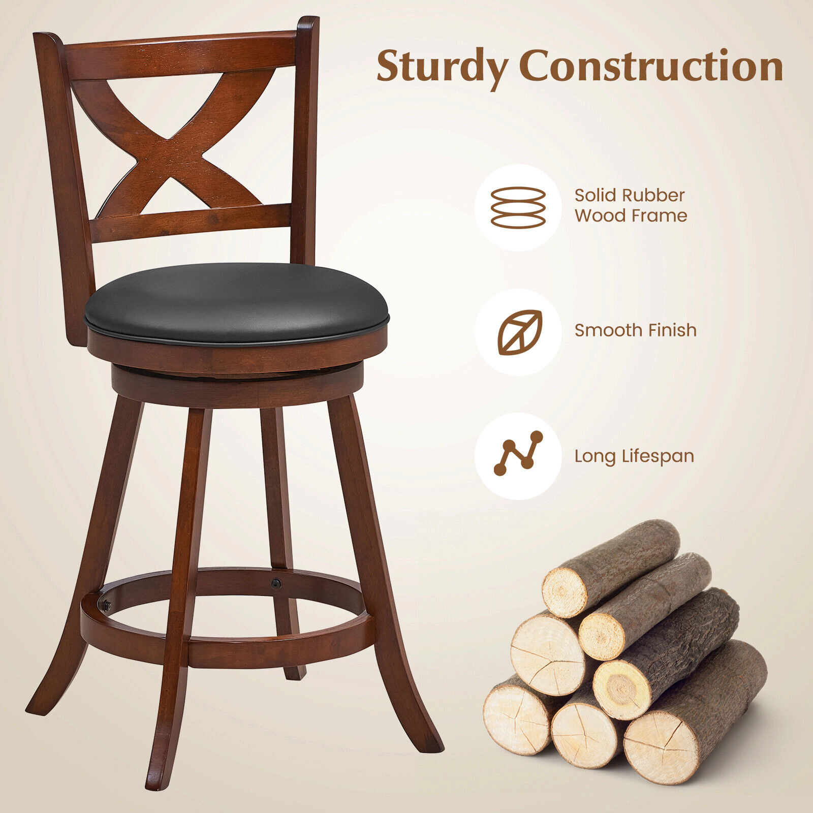 Glintex 2-Piece 24-Inch Swivel Counter Stool Set with X-Shaped Open Back, Brown