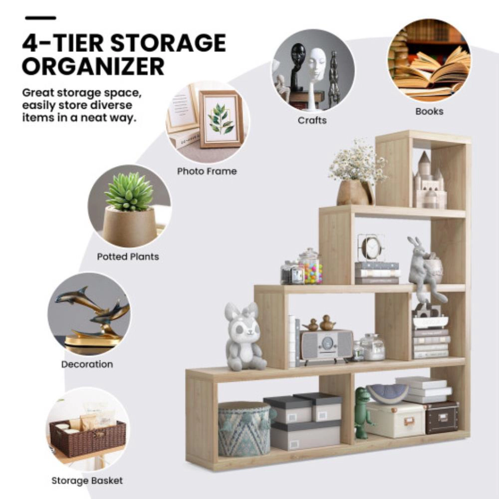 Hivvago 4-Tier Stepped Bookshelf Freestanding Ladder Storage Shelf with 6 Cubes