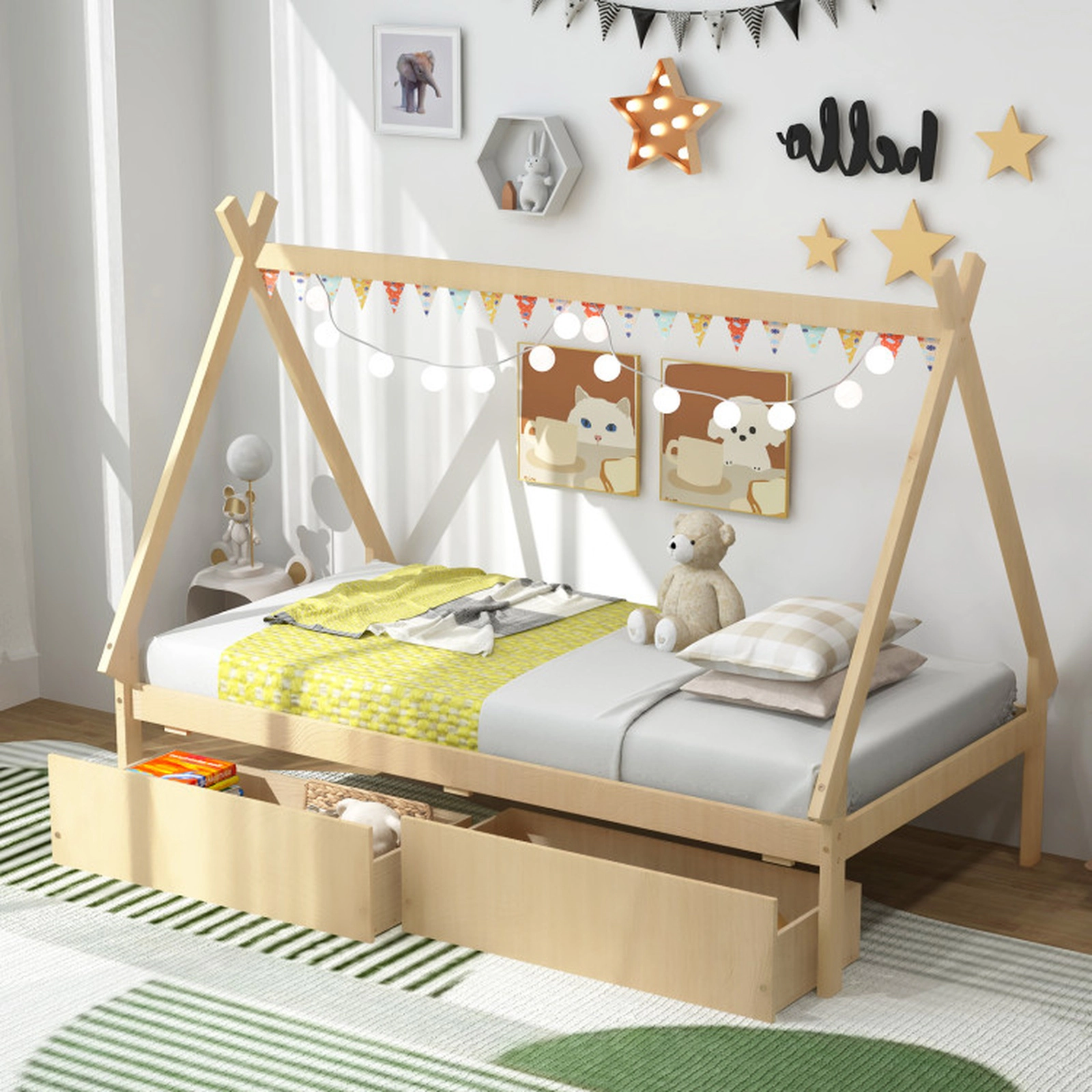 SUGIFT House-Shaped Twin Platform Bed Frame 200-lb Capacity Natural with 2 Drawers