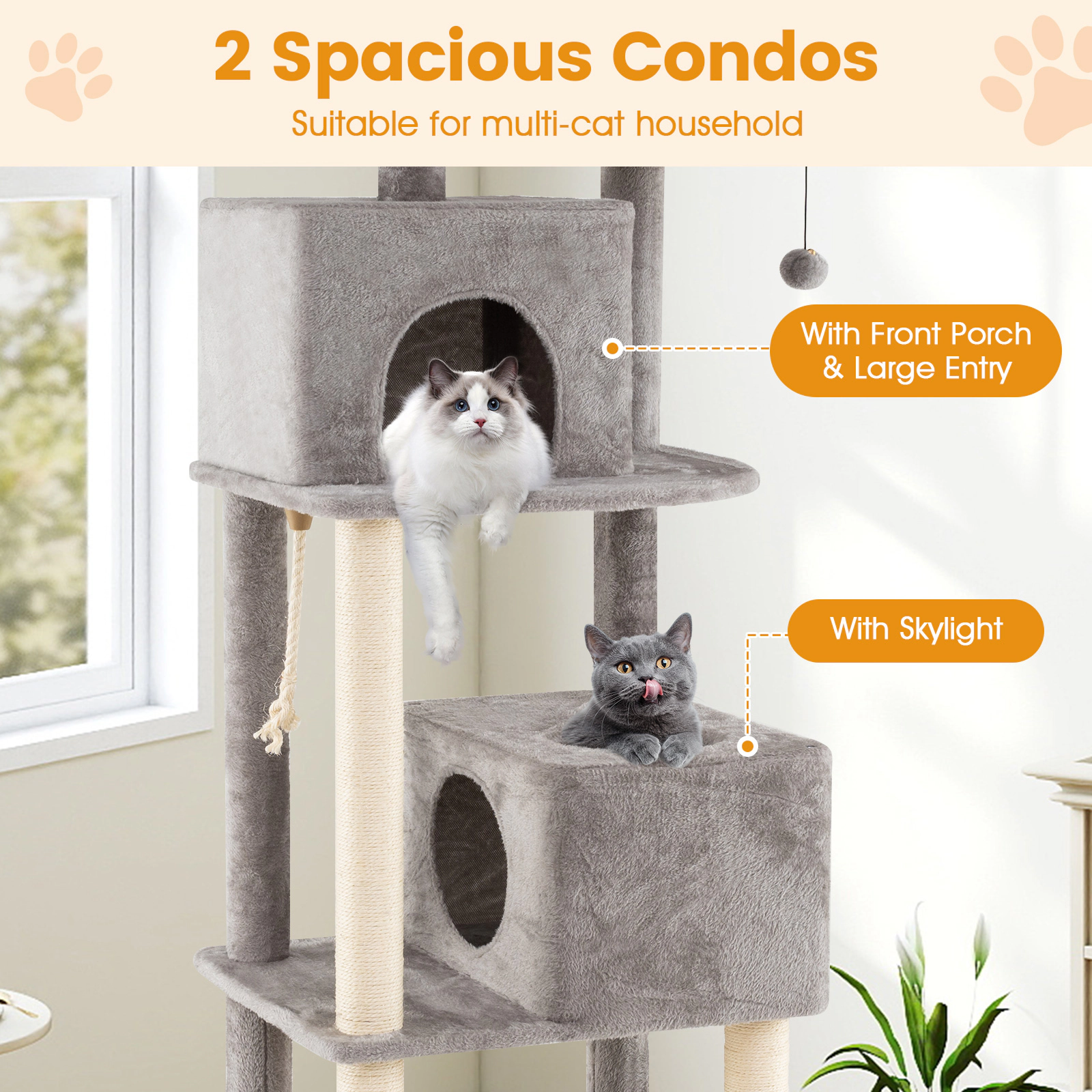 SUGIFT 84-in Large Cat Tree with 2 Condos, Hammock and Soft Plush Perches 22-lb Tier Capacity 36-in Wide Gray