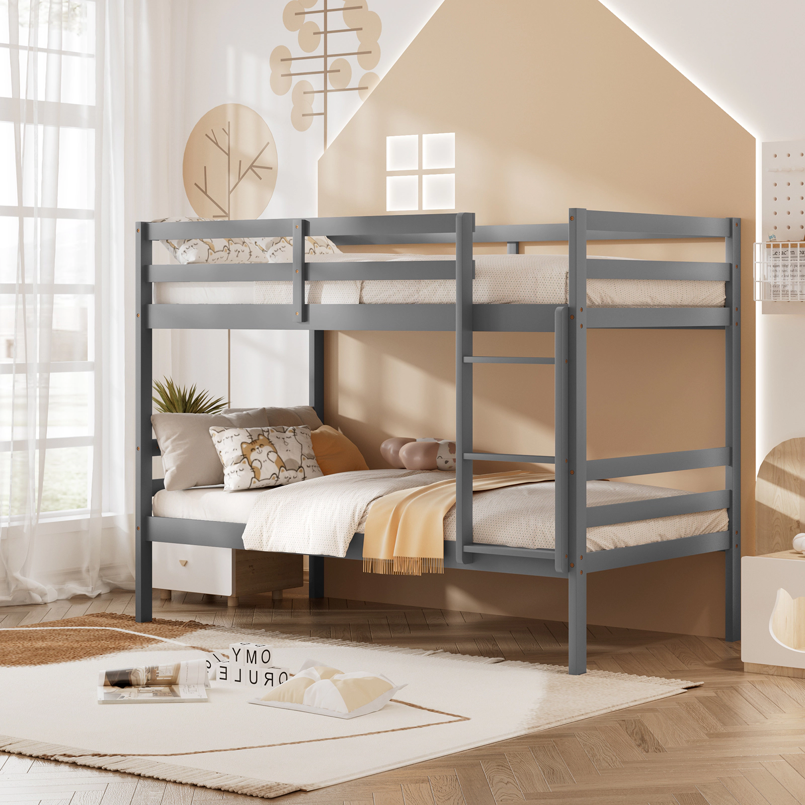 SUGIFT Gray Ladder and Safety Rail 400-lb Twin Over Twin Kids Wooden Bunk Bed