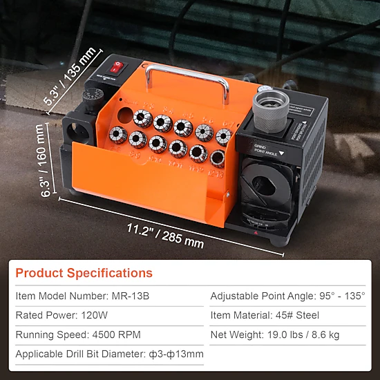 HONGGE 3 to 13 mm Drill Bit Sharpener with CBN and SDC Grinding Wheels ...