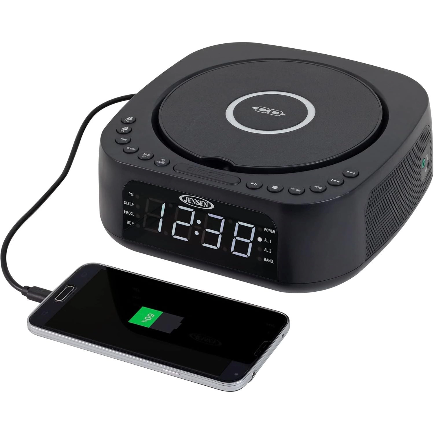 Jensen Stereo Digital Dual Alarm Clock with Top-Loading CD Player, Digital FM Tuner & USB Charging JCR-375