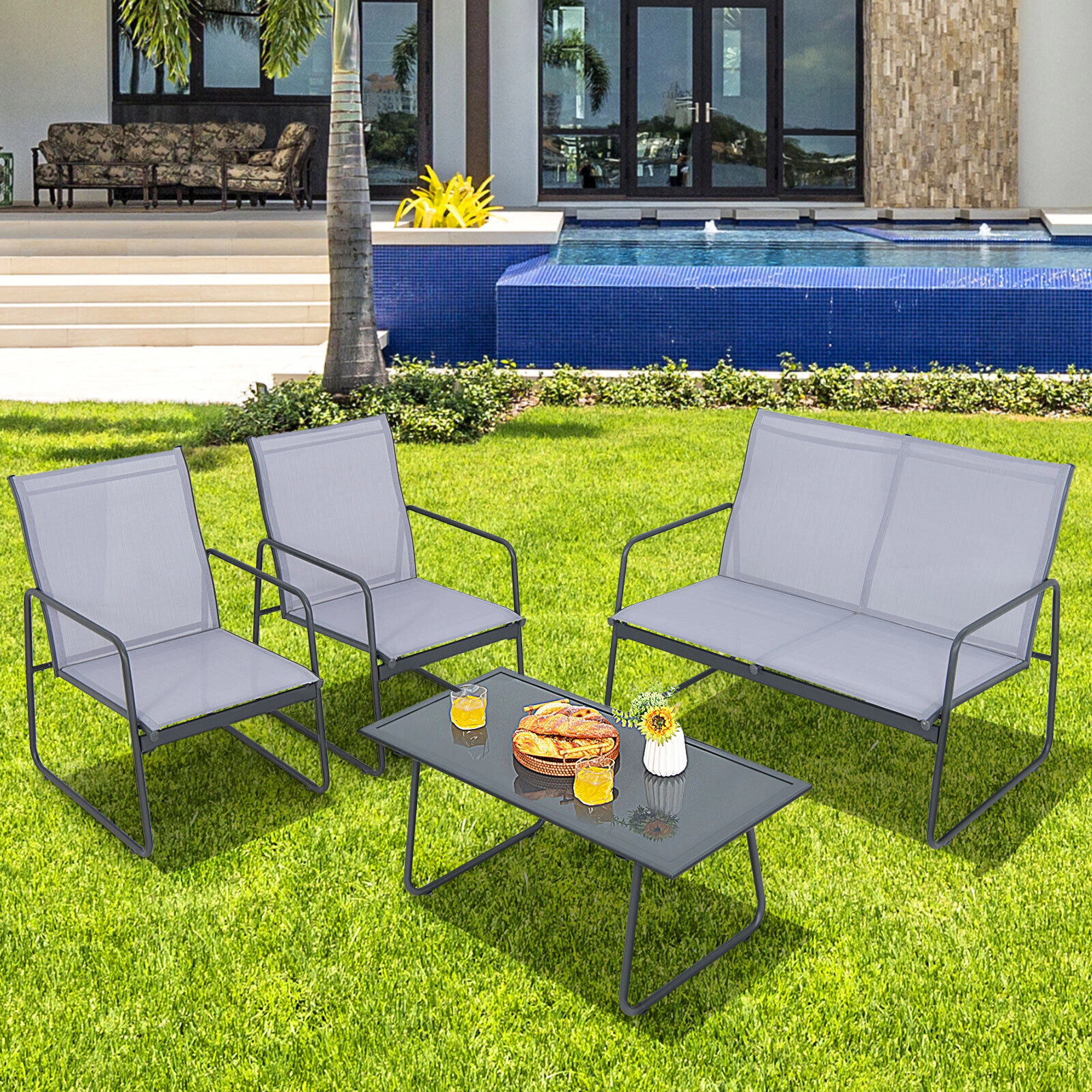 LJG 4 Pieces of Metal Patio Furniture Chat Set with Tempered Glass Coffee Table