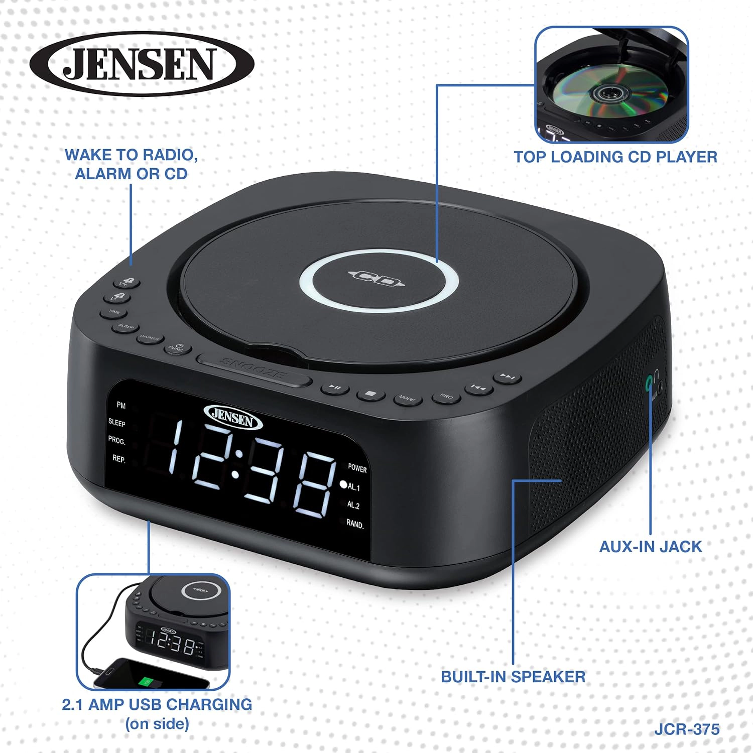 Jensen Stereo Digital Dual Alarm Clock with Top-Loading CD Player, Digital FM Tuner & USB Charging JCR-375