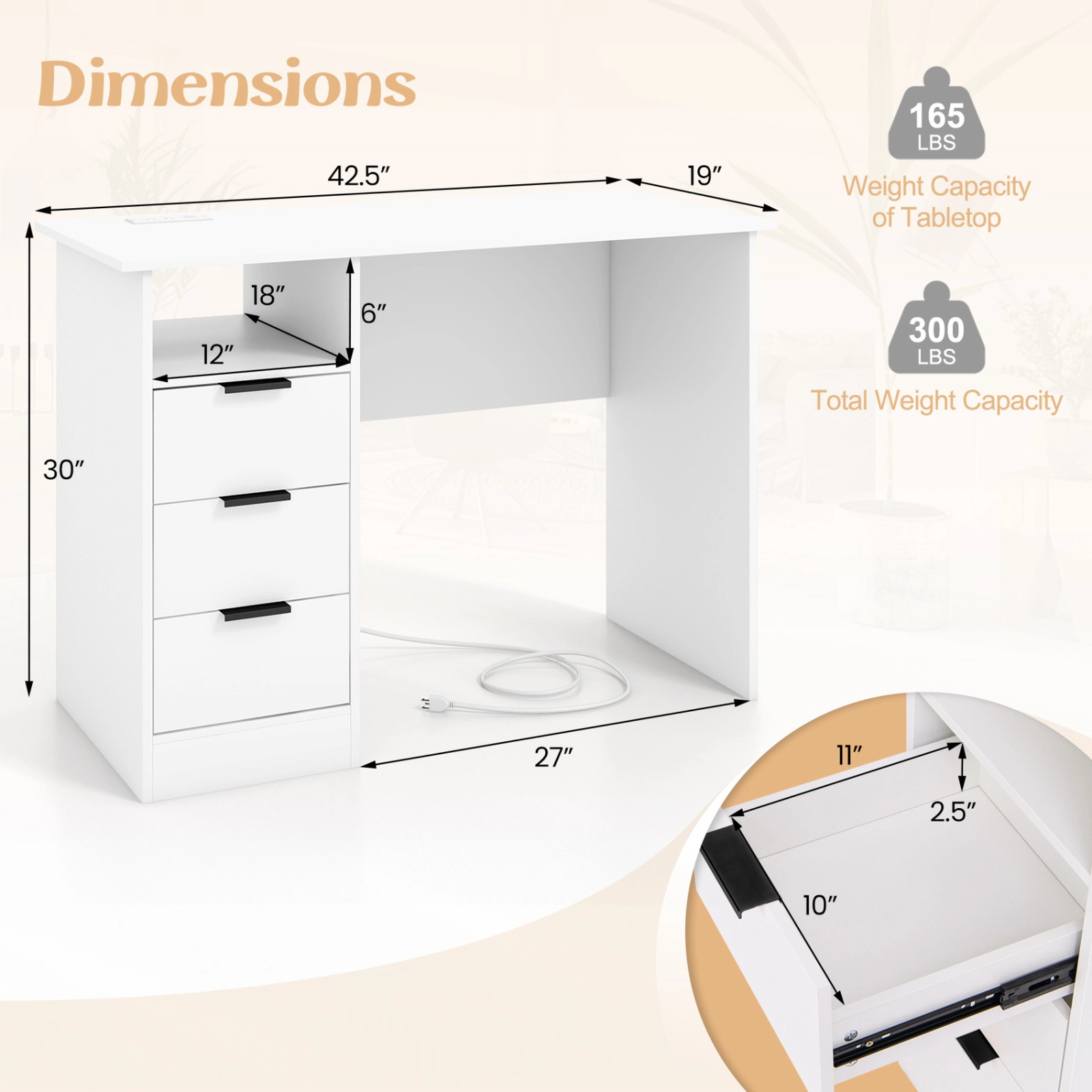 SUGIFT White and Gold Home Office Desk, 3 Drawers, Open Compartment, Charging Station