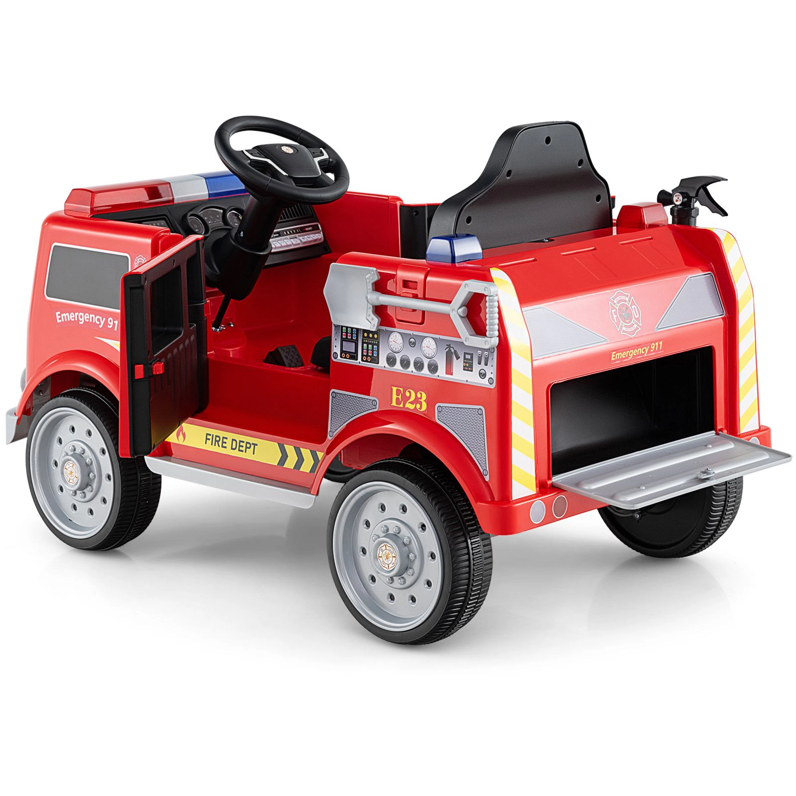 SlickBlue Electric Fire Truck Toy Car with Music, Storage Compartment, and Safety Belt