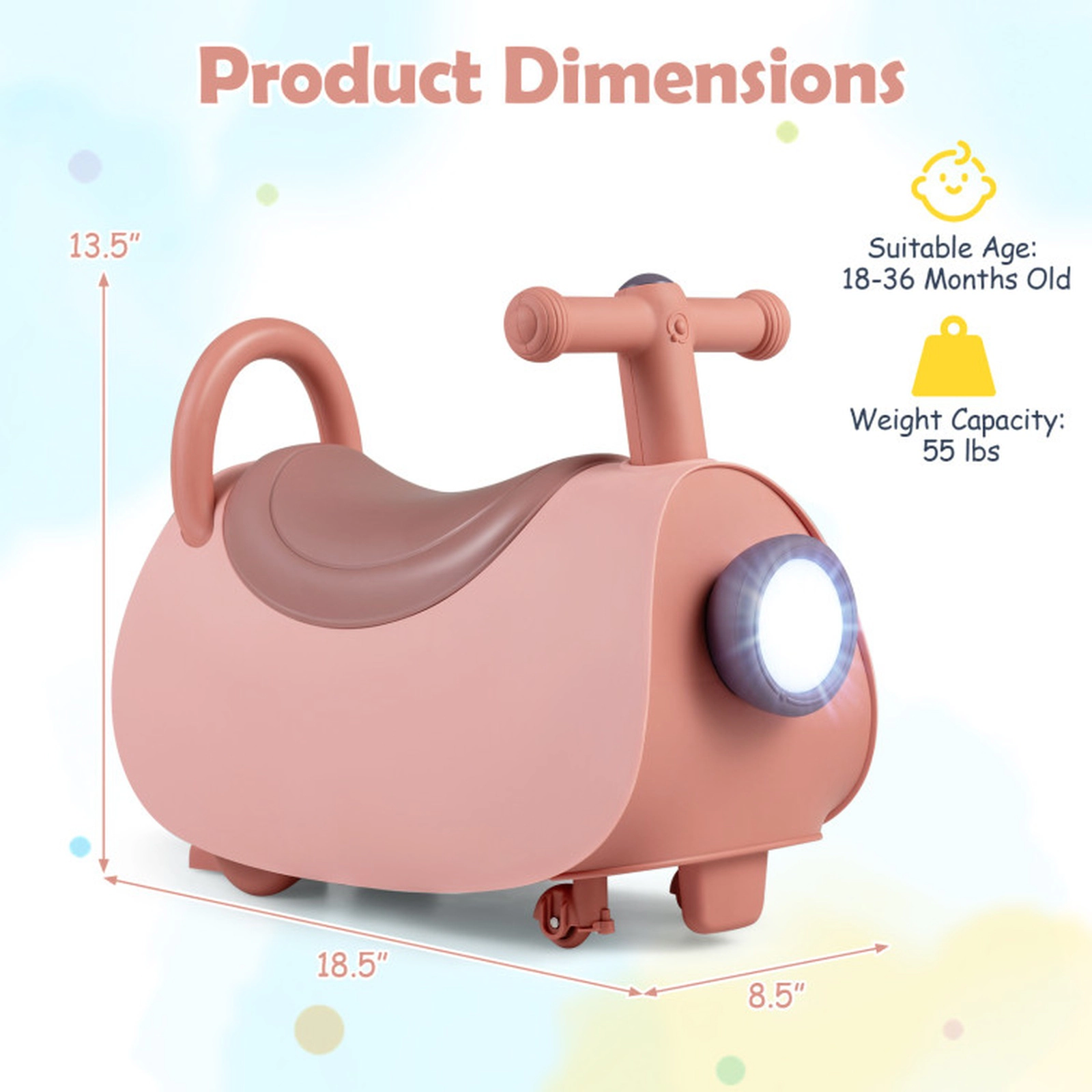 SUGIFT Pink Headlight Music and Under Seat Storage Toddler Ride On Push Car