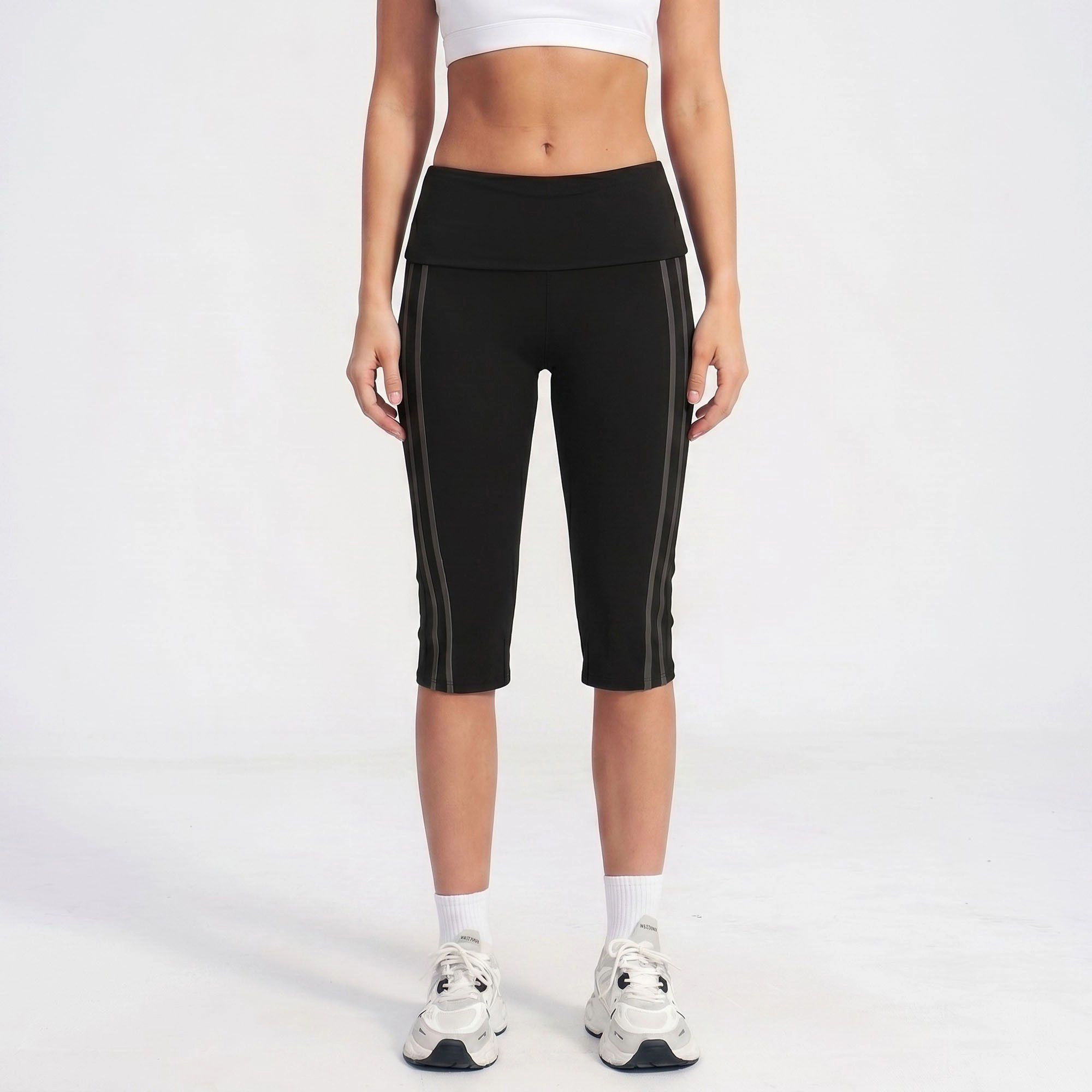 Anna-Kaci Women's High-Waist Side Stripe Capri Leggings Wide Waistband Cropped Workout Yoga Pants