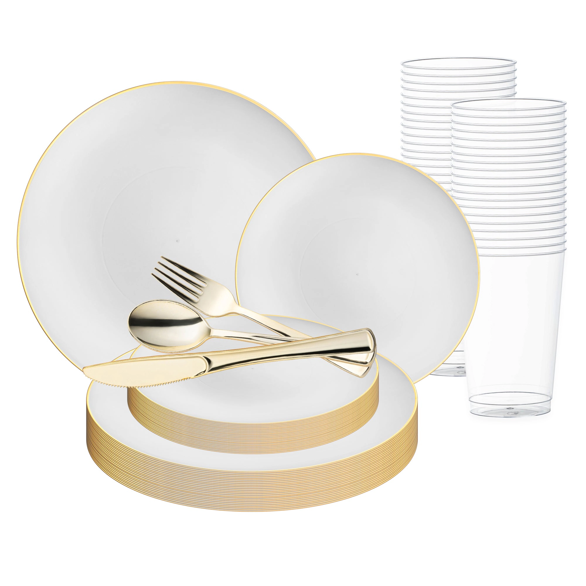 Smarty Had A Party White with Gold Rim Organic Round Disposable Plastic Wedding Value Set