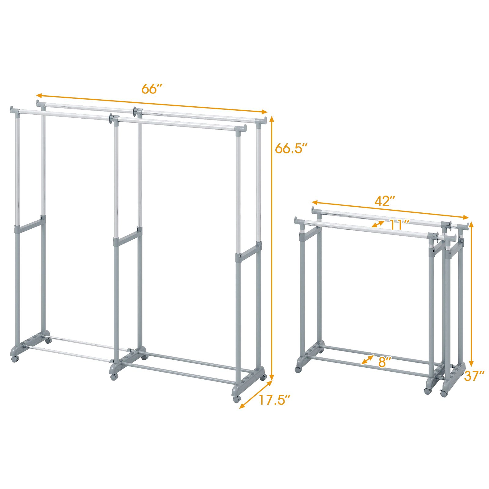 SlickBlue Adjustable Double Rod Clothes Rack with Wheels and Bottom Storage