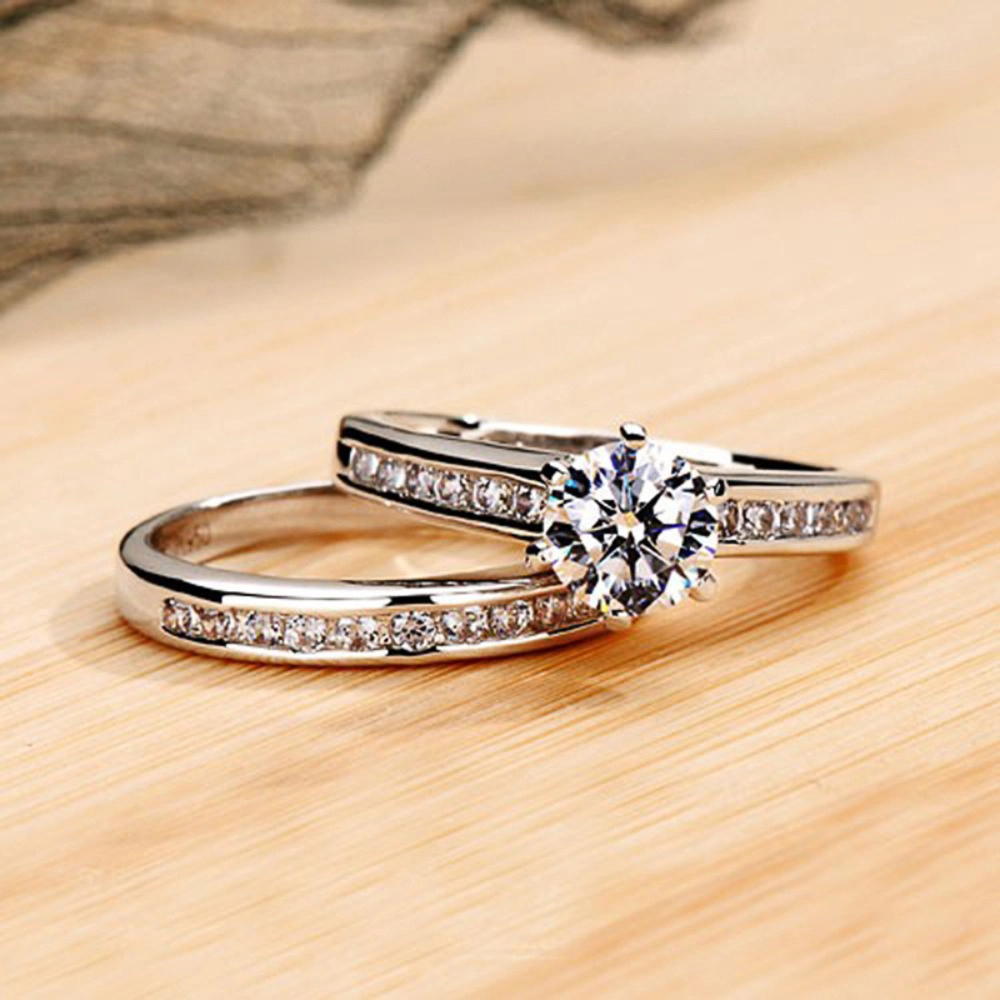 Delicate Women's Brass Cubic Zirconia 2-Piece Engagement Ring Set