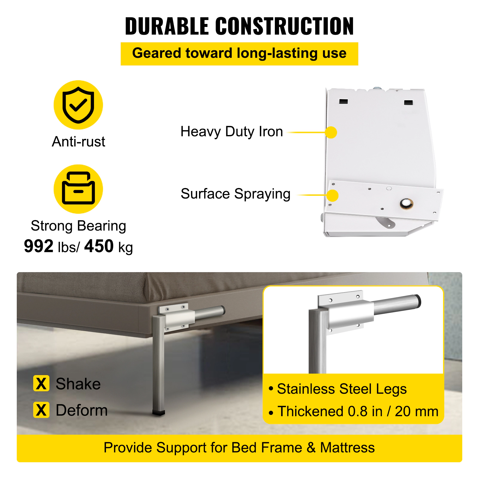 HONGGE Murphy Mounting Wall Springs Mechanism Heavy Duty Support Hardware DIY Kit for Queen Bed White