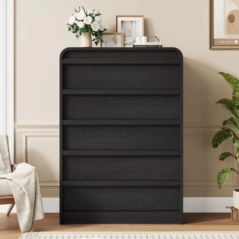 Arched 5 Drawer Wood Dresser with Curved Profile, Modern Storage Chest