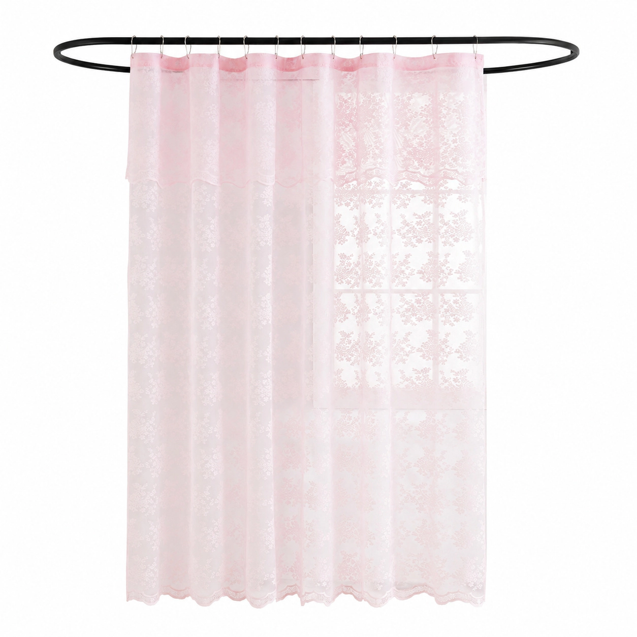 WZK Pink Lace Sheer with Attached Valance Feminine Floral Bathroom Shower Curtain