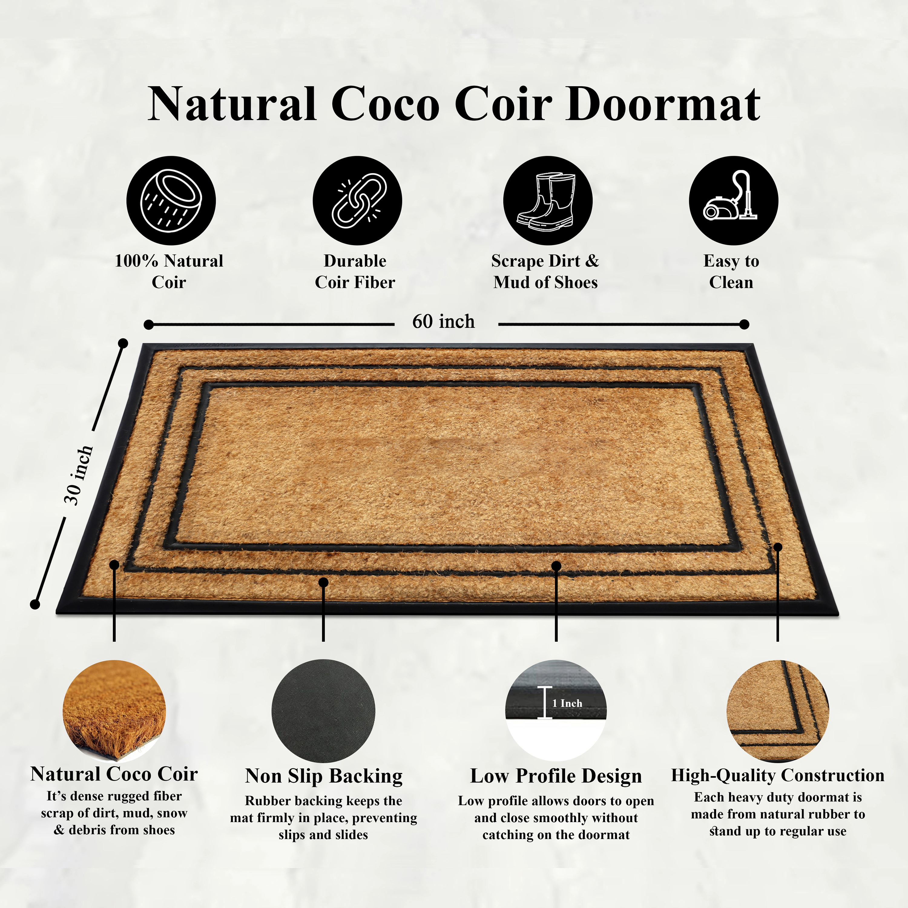 A1HC Coir and Rubber Door Mat 30x60 Inches Heavy Duty Non-Slip Dirt-Trapping Plain Border